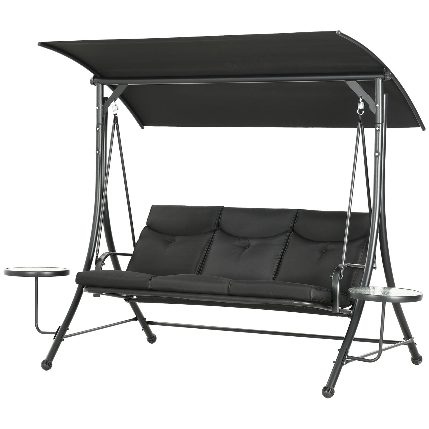 Porch Swing with Adjustable Canopy, 3 Seat Outdoor Swing Chair, Steel Patio Swing Bench with Coffee Tables and Cushion for Garden, Black