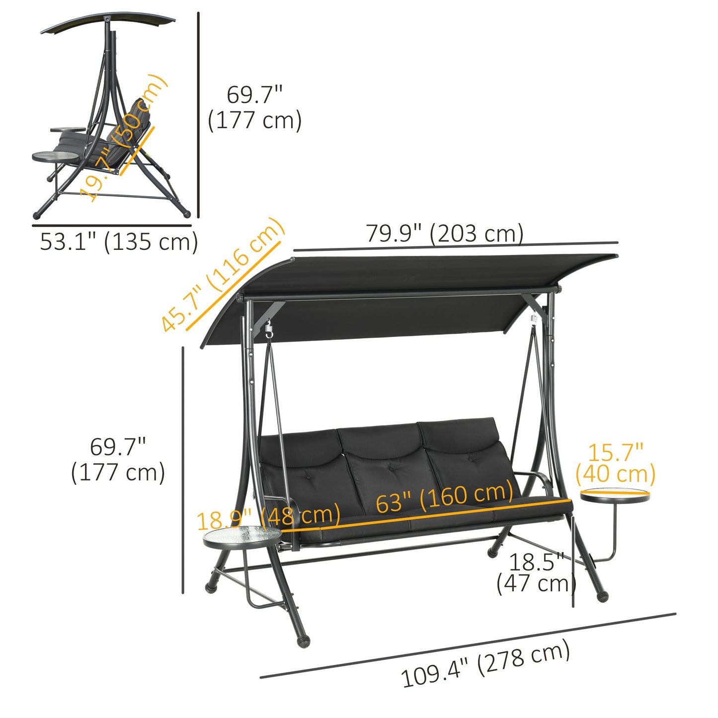 Porch Swing with Adjustable Canopy, 3 Seat Outdoor Swing Chair, Steel Patio Swing Bench with Coffee Tables and Cushion for Garden, Black