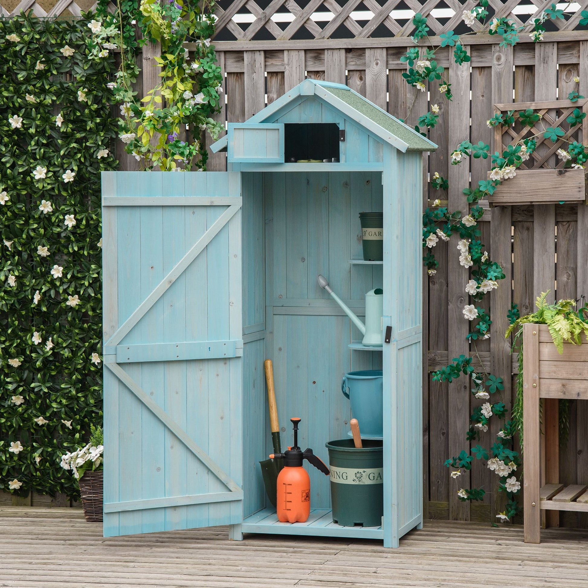 30" x 21" x 71" Garden Storage Shed, Outdoor Storage Shed with 3 Tier Shelves, Workshop Yard Tool Utility Storage House Water-resistant All-weather Cover Spire Roof, Blue