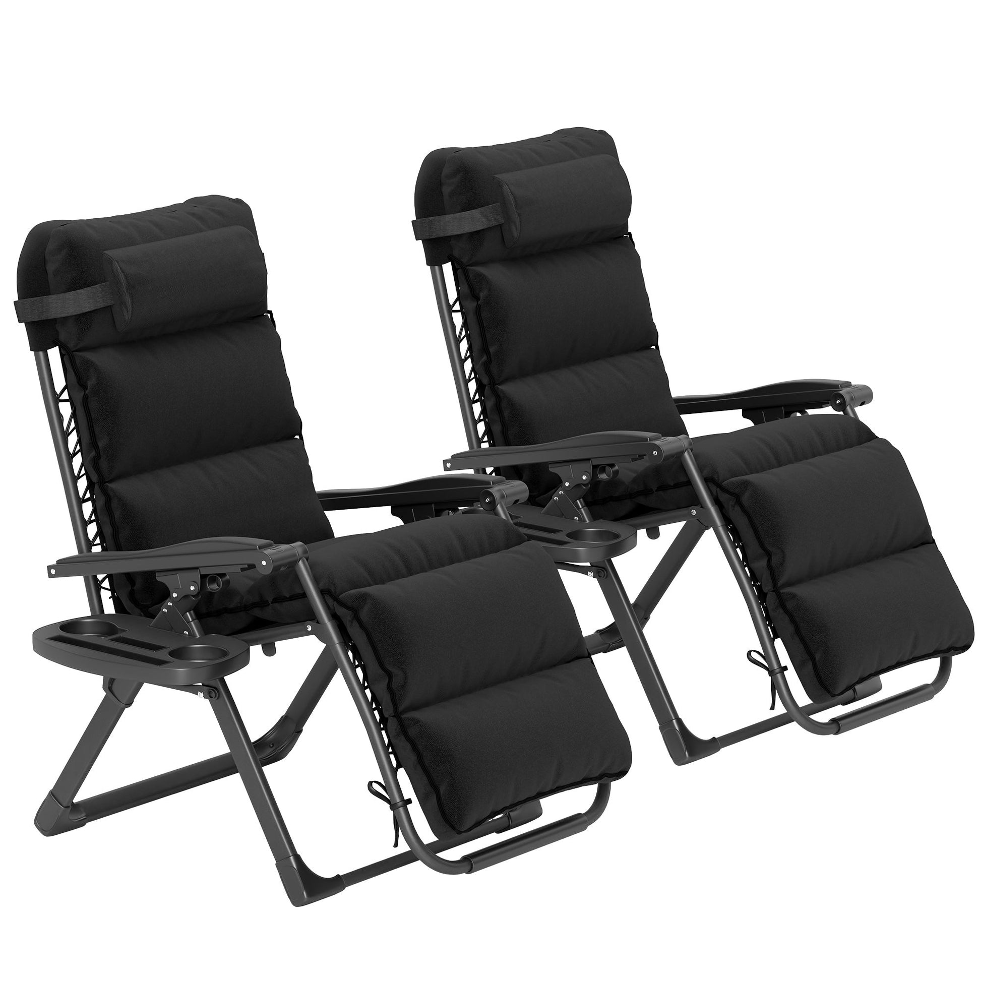 Reclining Zero Gravity Chair with Adjustable Backrest, Folding Garden Sun Lounger with Removable Cushion, Headrest Cup Phone Holder Tray, Set of 2, Black
