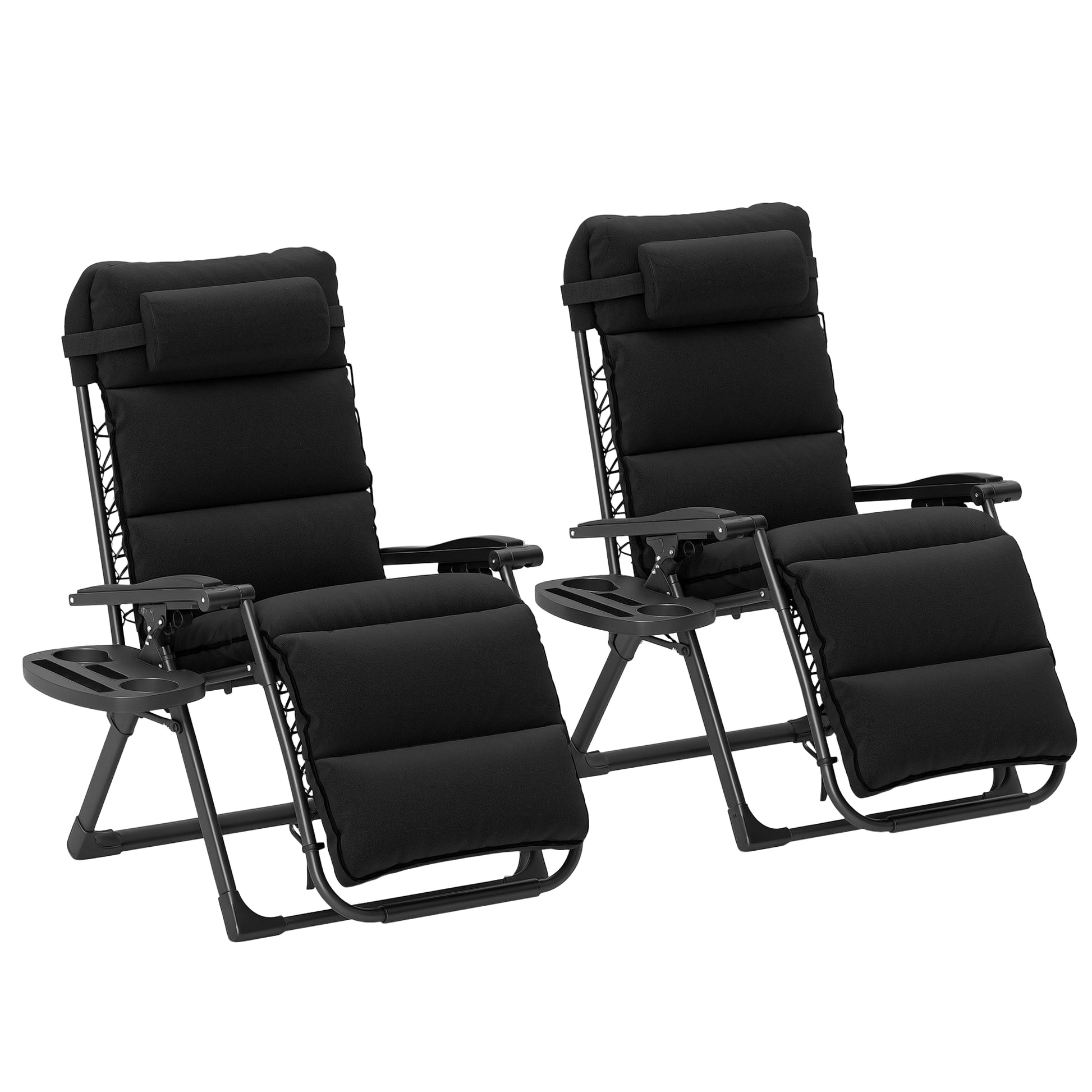 Reclining Zero Gravity Chair with Adjustable Backrest, Folding Garden Sun Lounger with Removable Cushion, Headrest Cup Phone Holder Tray, Set of 2, Black