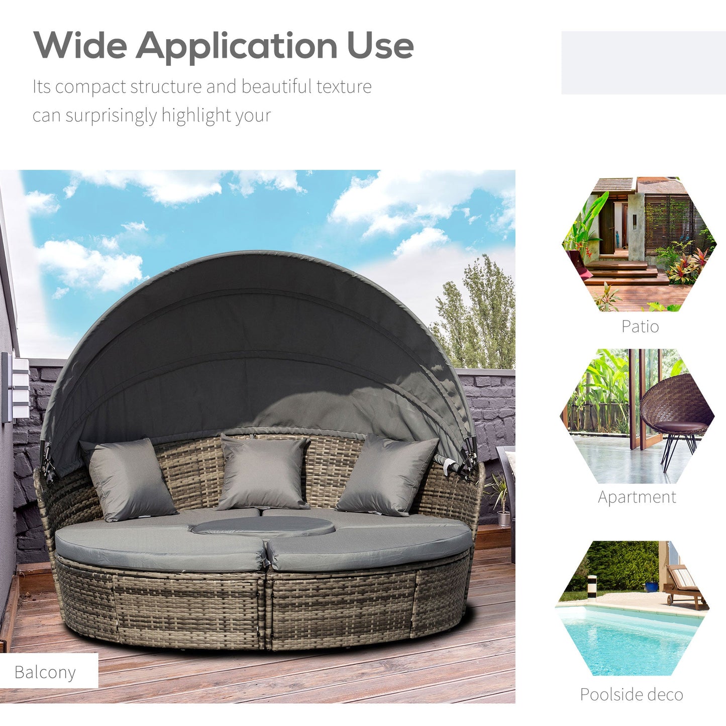 4 Pieces Outdoor Daybed with Retractable Canopy, PE Rattan Wicker Round Sofa Day Bed, Patio Sectional  Conversation Furniture Set with Cushions and Pillows, Grey