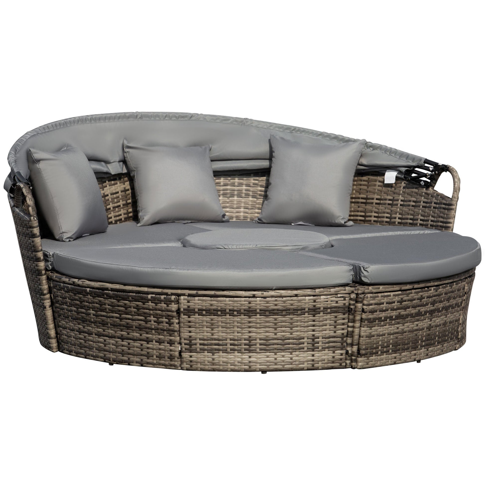 4 Pieces Outdoor Daybed with Retractable Canopy, PE Rattan Wicker Round Sofa Day Bed, Patio Sectional  Conversation Furniture Set with Cushions and Pillows, Grey