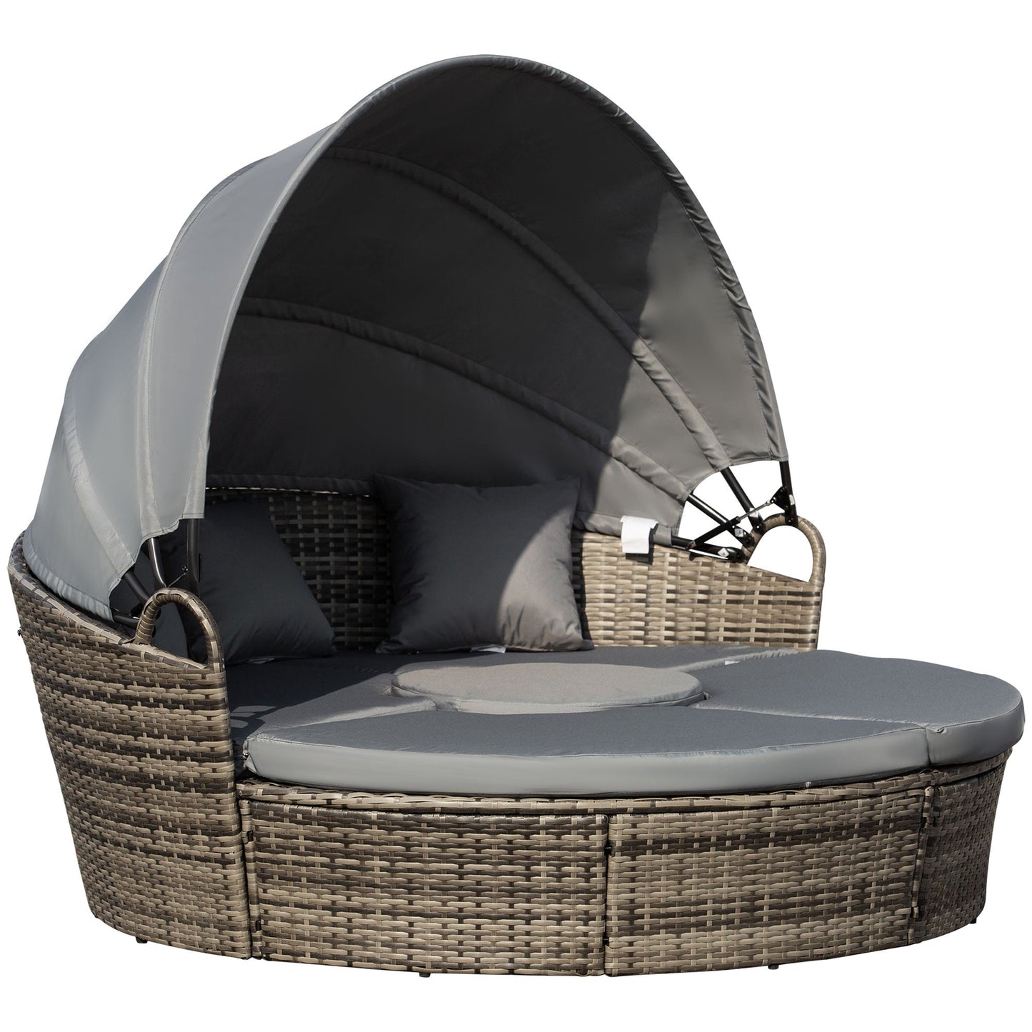 4 Pieces Outdoor Daybed with Retractable Canopy, PE Rattan Wicker Round Sofa Day Bed, Patio Sectional  Conversation Furniture Set with Cushions and Pillows, Grey
