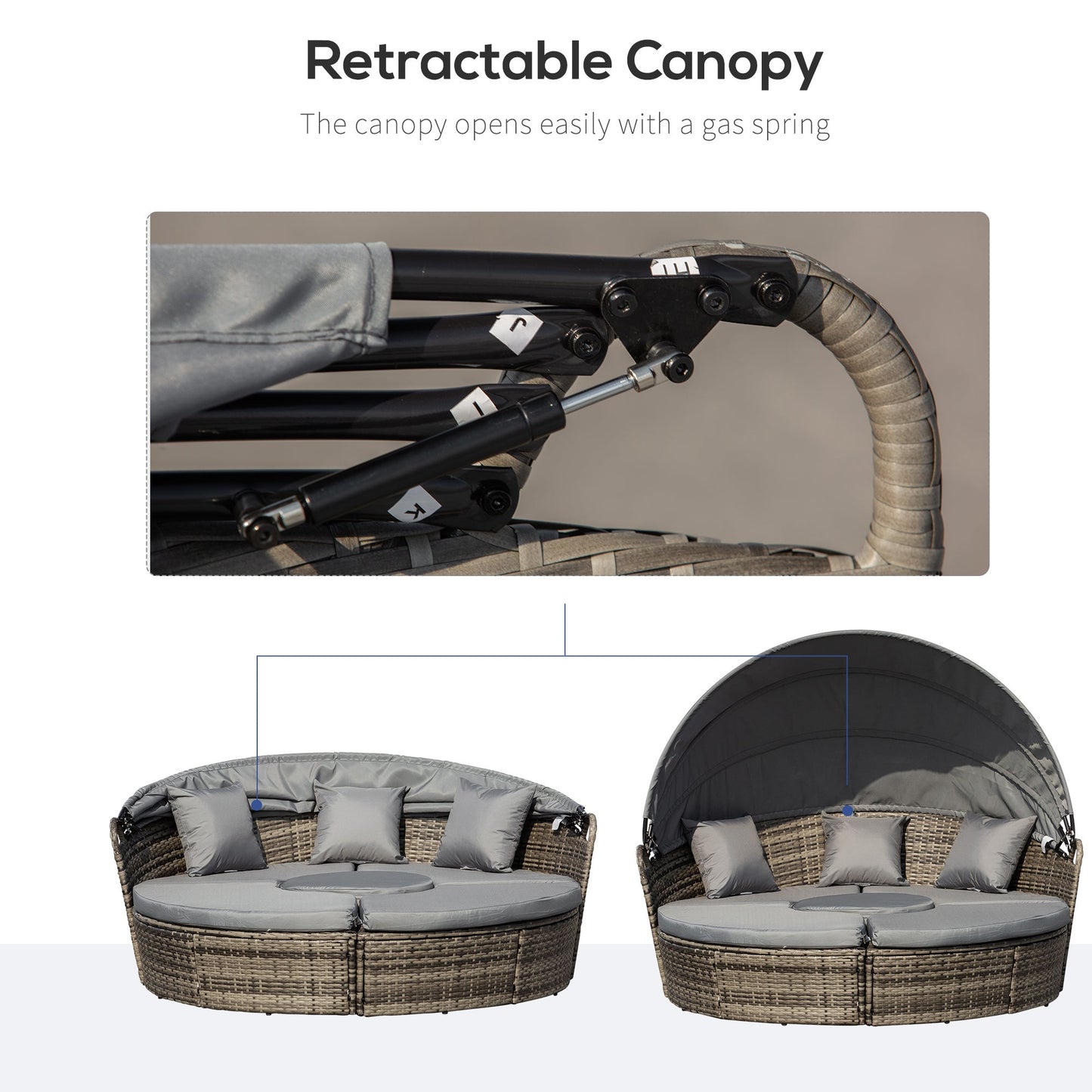 4 Pieces Outdoor Daybed with Retractable Canopy, PE Rattan Wicker Round Sofa Day Bed, Patio Sectional  Conversation Furniture Set with Cushions and Pillows, Grey