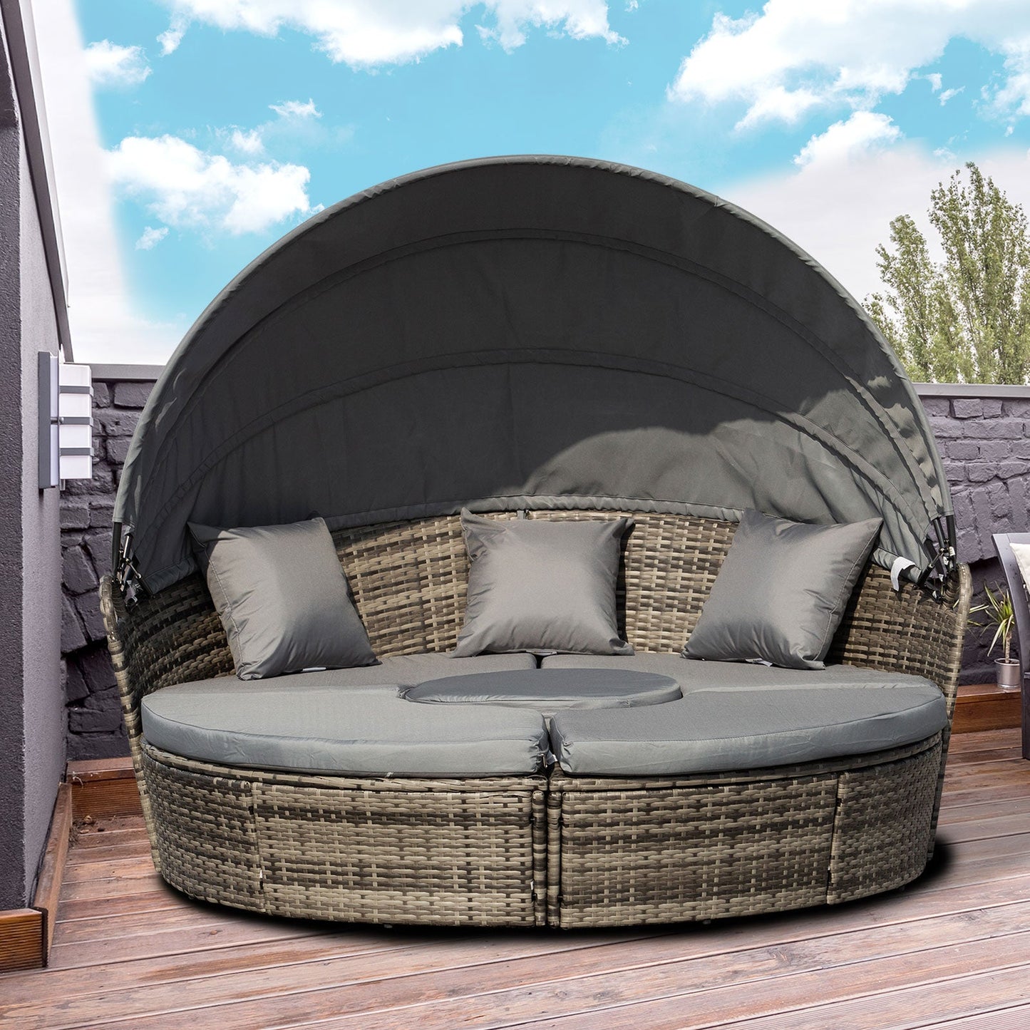 4 Pieces Outdoor Daybed with Retractable Canopy, PE Rattan Wicker Round Sofa Day Bed, Patio Sectional  Conversation Furniture Set with Cushions and Pillows, Grey