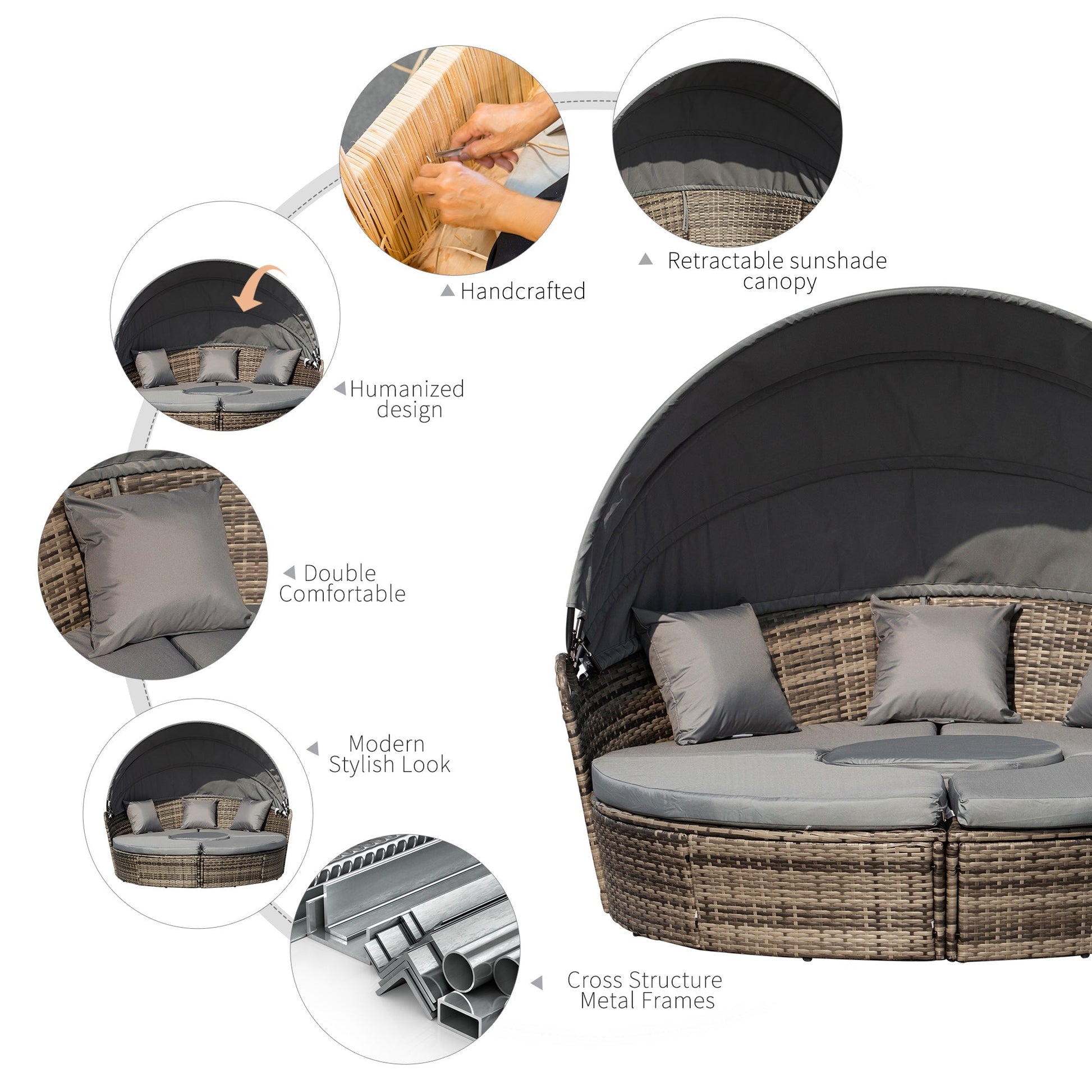 4 Pieces Outdoor Daybed with Retractable Canopy, PE Rattan Wicker Round Sofa Day Bed, Patio Sectional  Conversation Furniture Set with Cushions and Pillows, Grey