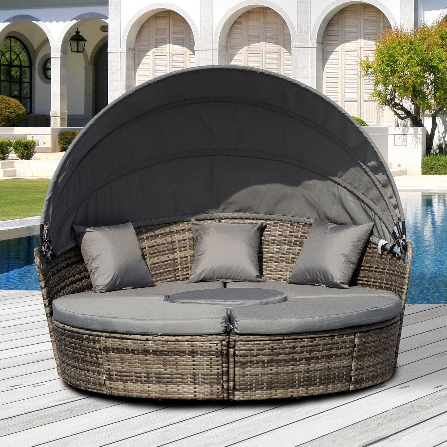 4 Pieces Outdoor Daybed with Retractable Canopy, PE Rattan Wicker Round Sofa Day Bed, Patio Sectional  Conversation Furniture Set with Cushions and Pillows, Grey