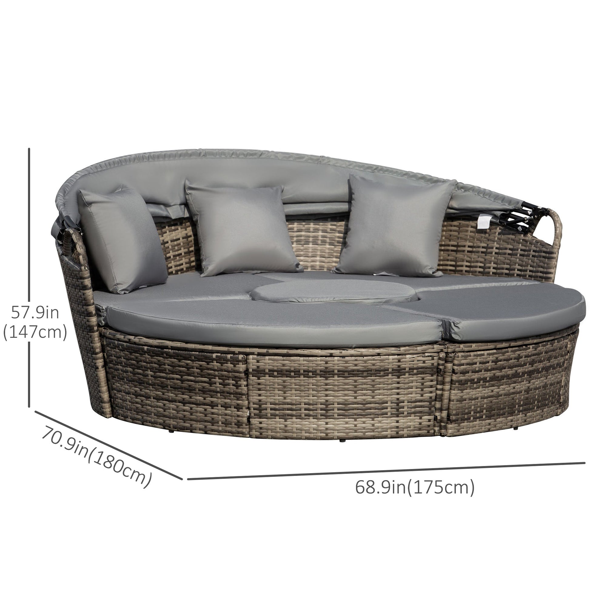 4 Pieces Outdoor Daybed with Retractable Canopy, PE Rattan Wicker Round Sofa Day Bed, Patio Sectional  Conversation Furniture Set with Cushions and Pillows, Grey