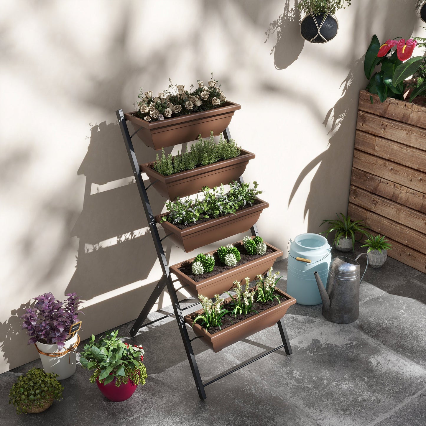 5-Tier Raised Garden Bed with 5 Planter Boxes, Outdoor Plant Stand Grow Containers with Leaking Holes for Balcony Patio Outdoor, Brown