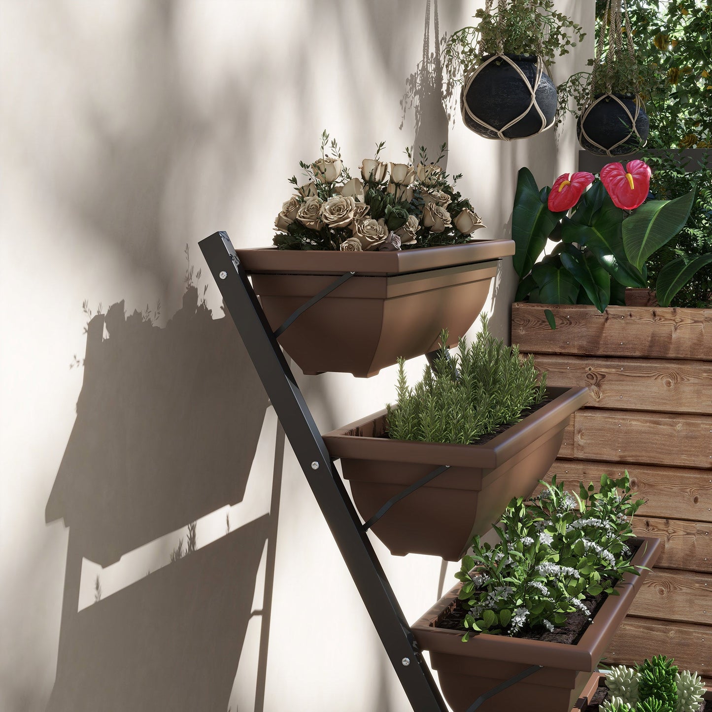 5-Tier Raised Garden Bed with 5 Planter Boxes, Outdoor Plant Stand Grow Containers with Leaking Holes for Balcony Patio Outdoor, Brown