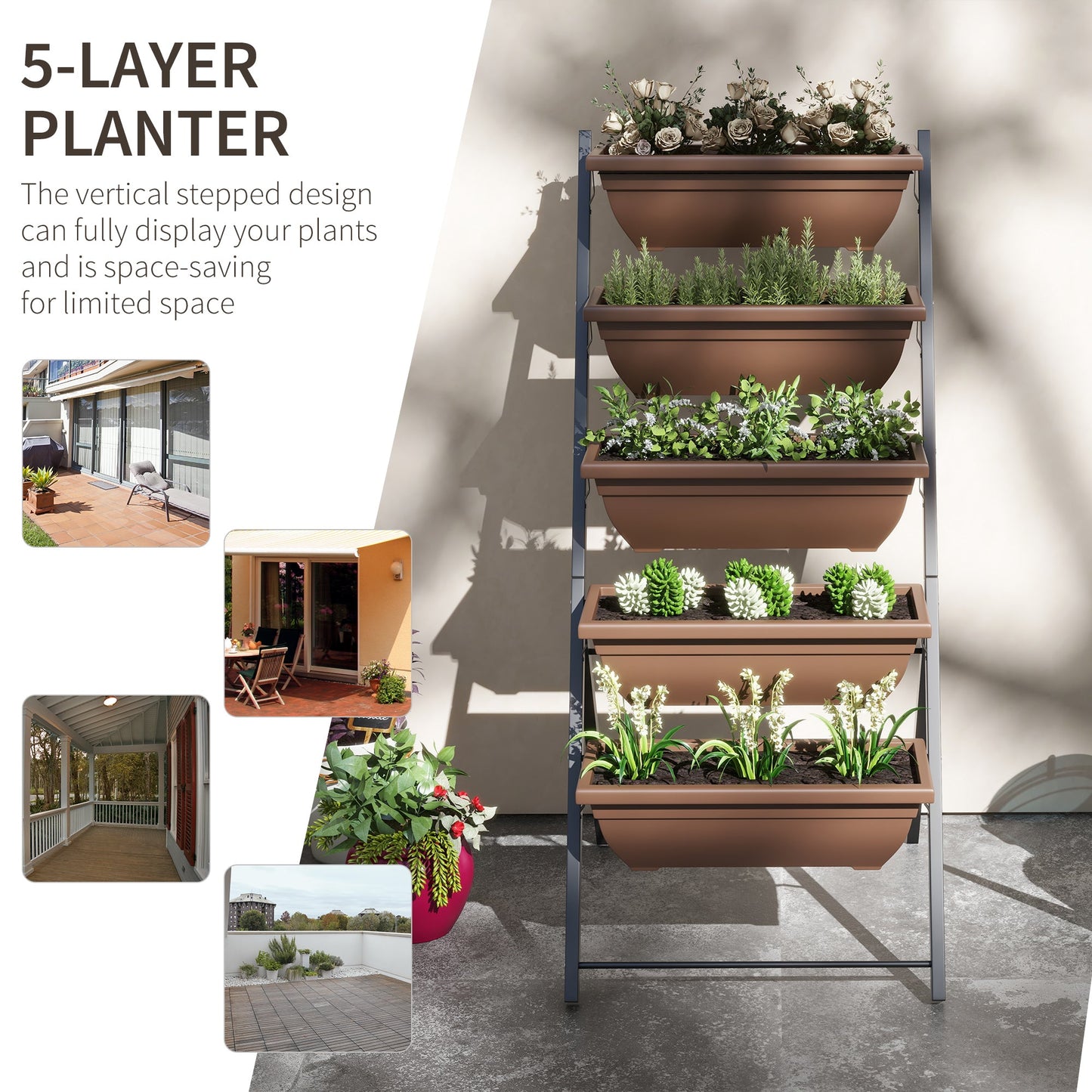 5-Tier Raised Garden Bed with 5 Planter Boxes, Outdoor Plant Stand Grow Containers with Leaking Holes for Balcony Patio Outdoor, Brown