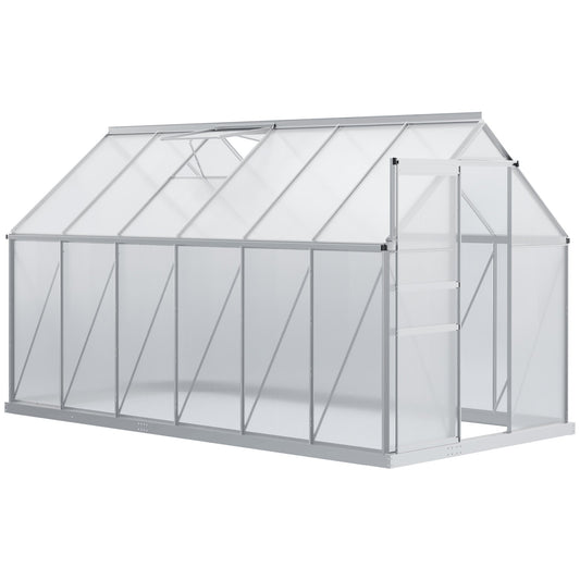 6' x 12' x 6.5' Polycarbonate Greenhouse, Walk-in Green House with Adjustable Roof Vent, Galvanized Base, Sliding Door and Rain Gutter for Outdoor, Garden, Backyard, Clear