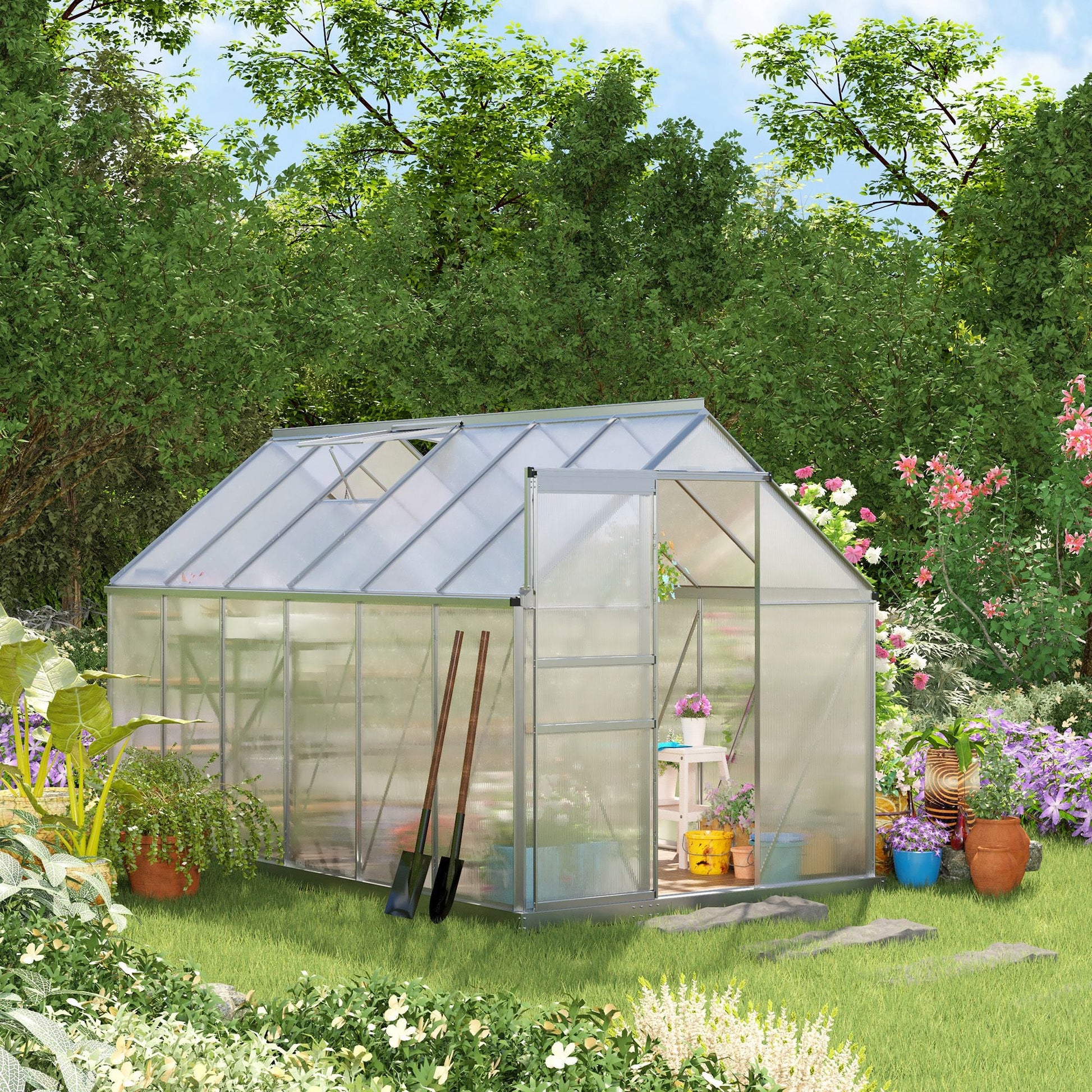 6' x 12' x 6.5' Polycarbonate Greenhouse, Walk-in Green House with Adjustable Roof Vent, Galvanized Base, Sliding Door and Rain Gutter for Outdoor, Garden, Backyard, Clear