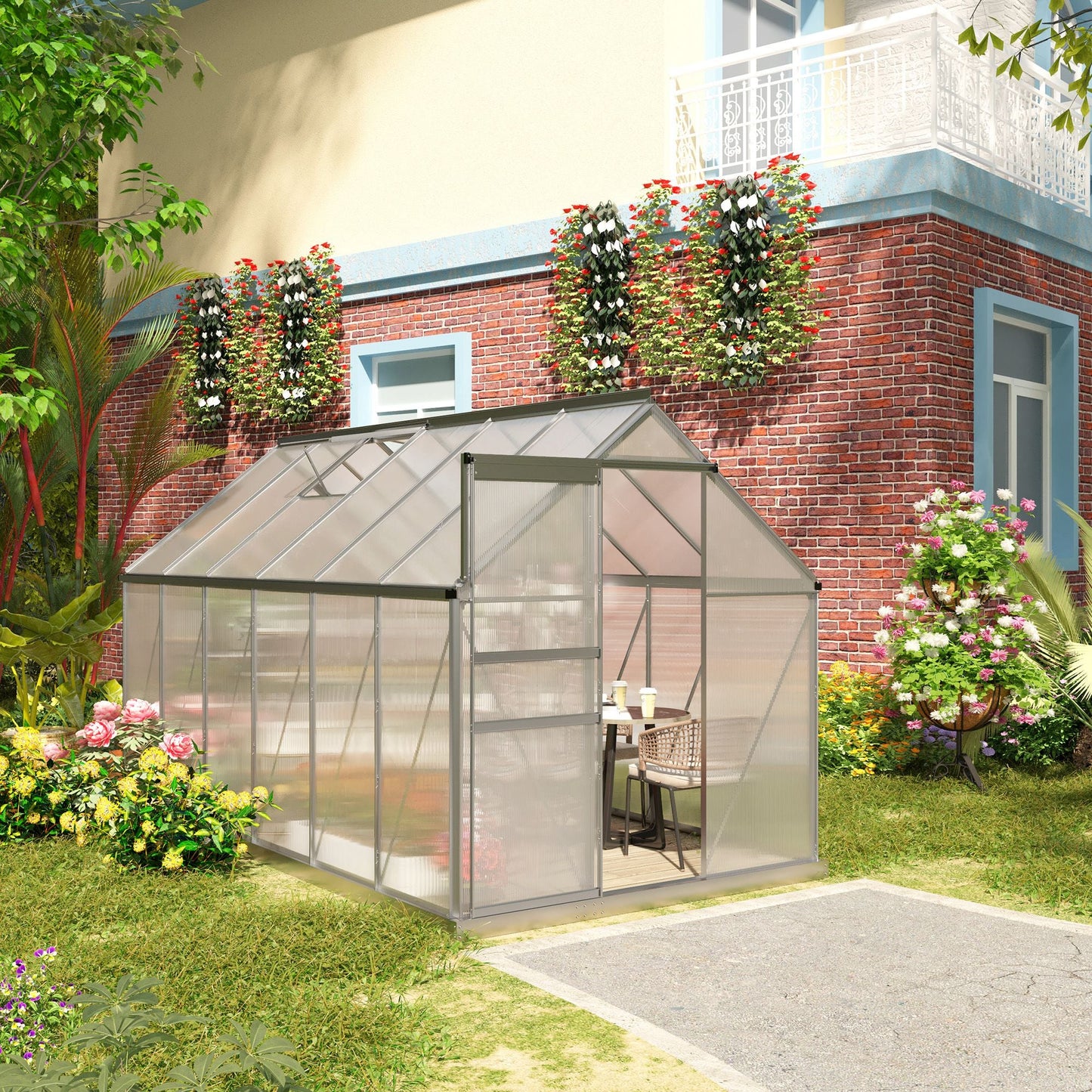 6' x 12' x 6.5' Polycarbonate Greenhouse, Walk-in Green House with Adjustable Roof Vent, Galvanized Base, Sliding Door and Rain Gutter for Outdoor, Garden, Backyard, Clear