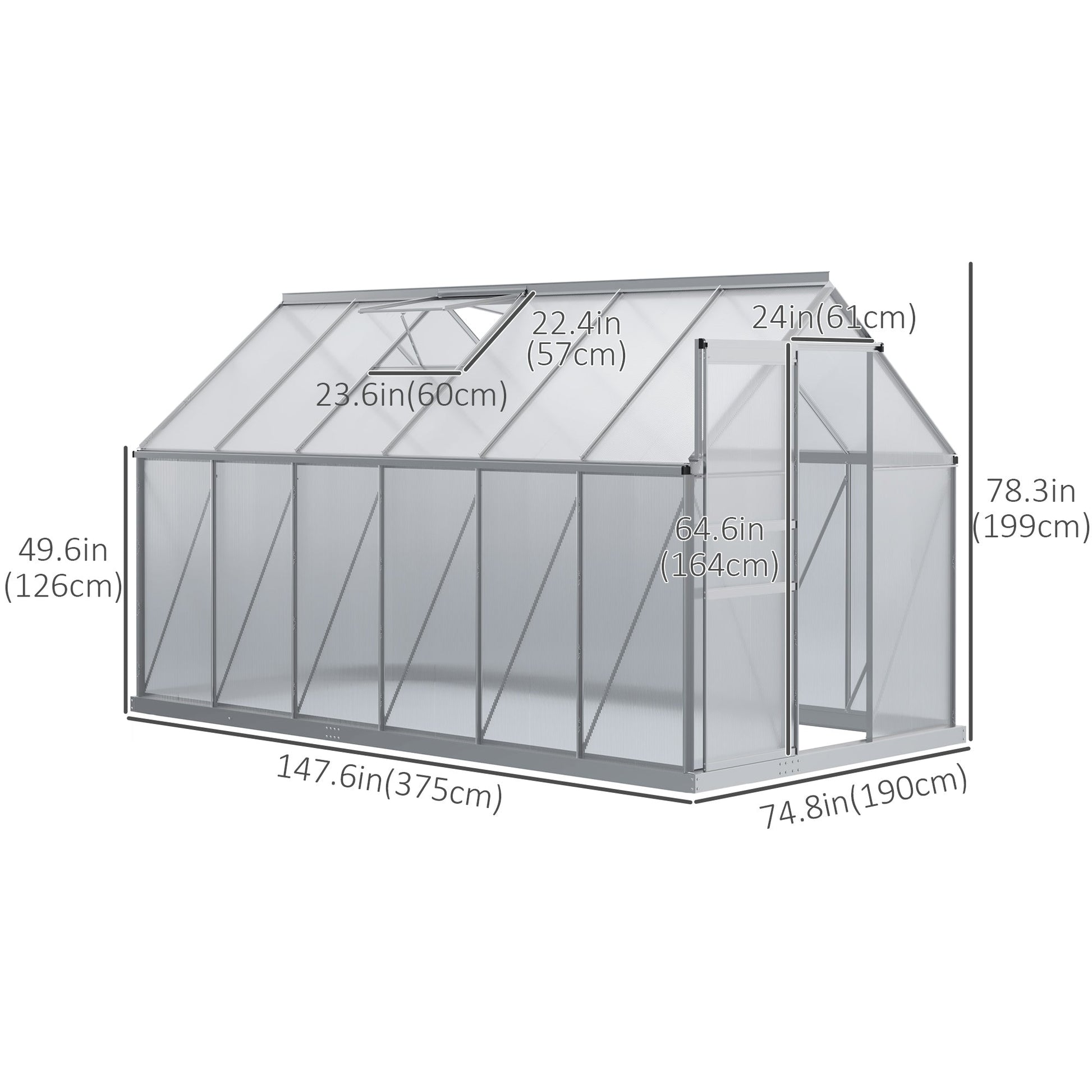 6' x 12' x 6.5' Polycarbonate Greenhouse, Walk-in Green House with Adjustable Roof Vent, Galvanized Base, Sliding Door and Rain Gutter for Outdoor, Garden, Backyard, Clear
