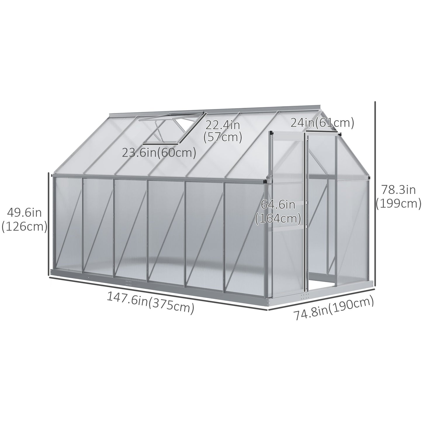 6' x 12' x 6.5' Polycarbonate Greenhouse, Walk-in Green House with Adjustable Roof Vent, Galvanized Base, Sliding Door and Rain Gutter for Outdoor, Garden, Backyard, Clear