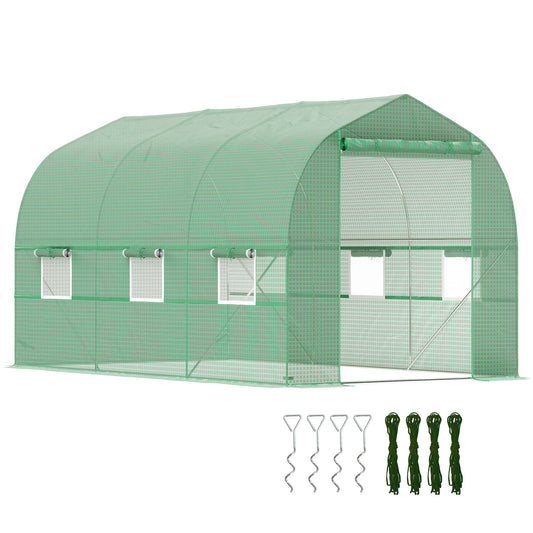 6.6' x 11' x 7' Walk-in Greenhouse Outdoor Plant Tunnel Warm Hot House w/ Roll Up Door and 6 Mesh Windows, Steel Frame, Green