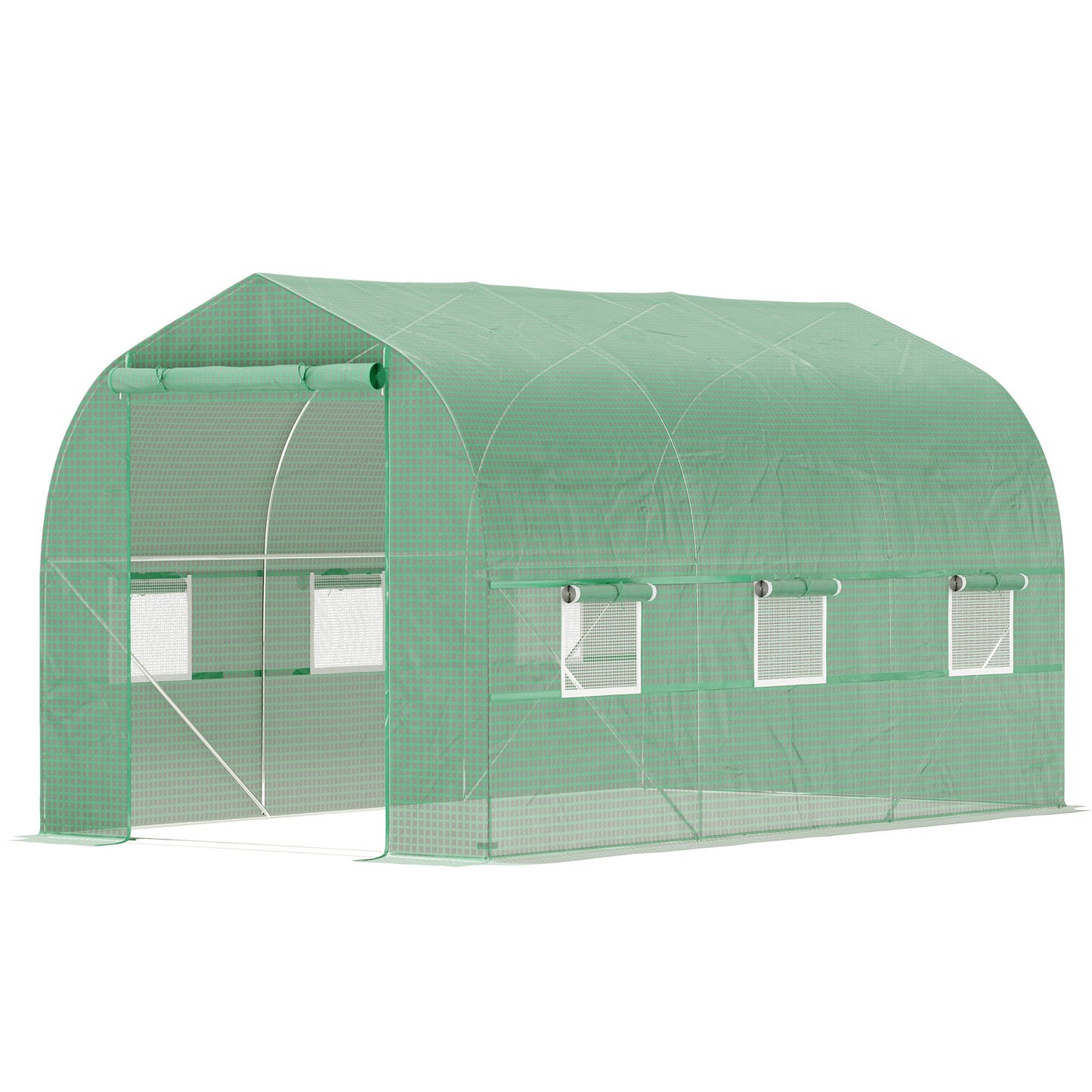 6.6' x 11' x 7' Walk-in Greenhouse Outdoor Plant Tunnel Warm Hot House w/ Roll Up Door and 6 Mesh Windows, Steel Frame, Green