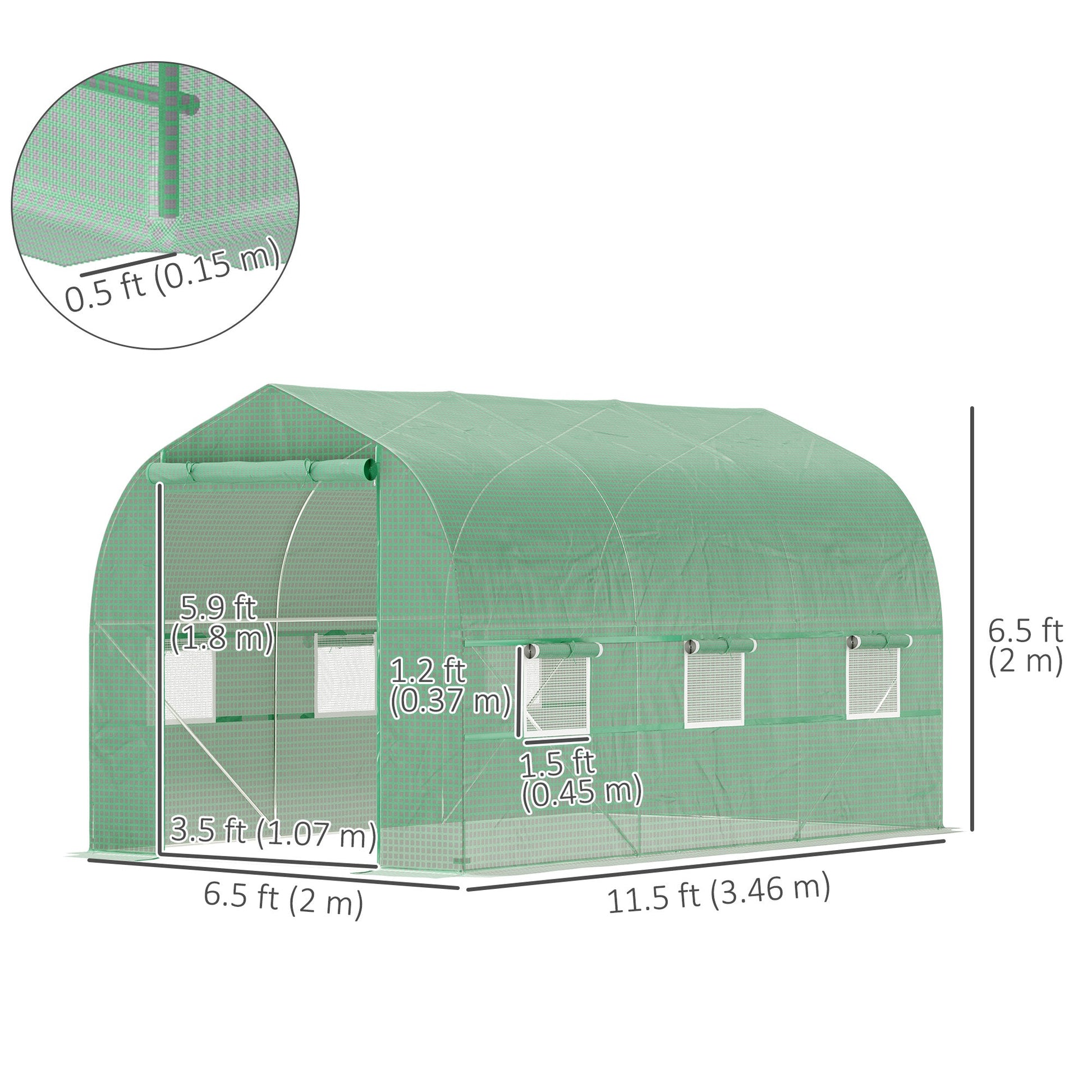 6.6' x 11' x 7' Walk-in Greenhouse Outdoor Plant Tunnel Warm Hot House w/ Roll Up Door and 6 Mesh Windows, Steel Frame, Green