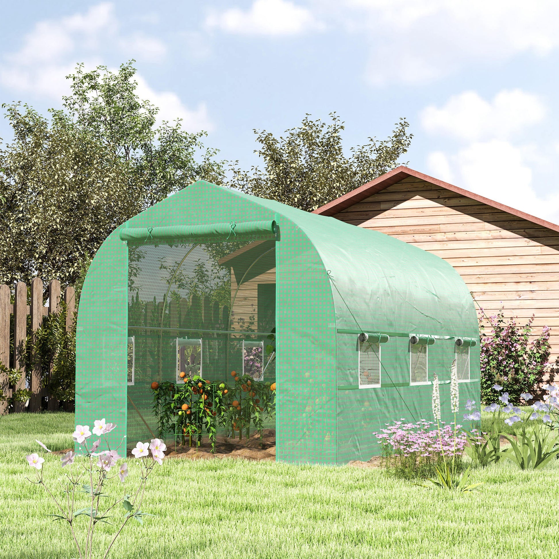 6.6' x 11' x 7' Walk-in Greenhouse Outdoor Plant Tunnel Warm Hot House w/ Roll Up Door and 6 Mesh Windows, Steel Frame, Green