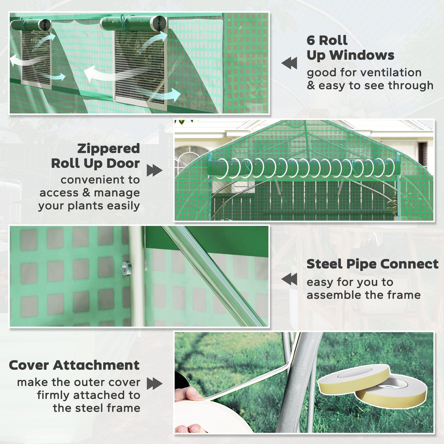 6.6' x 11' x 7' Walk-in Greenhouse Outdoor Plant Tunnel Warm Hot House w/ Roll Up Door and 6 Mesh Windows, Steel Frame, Green