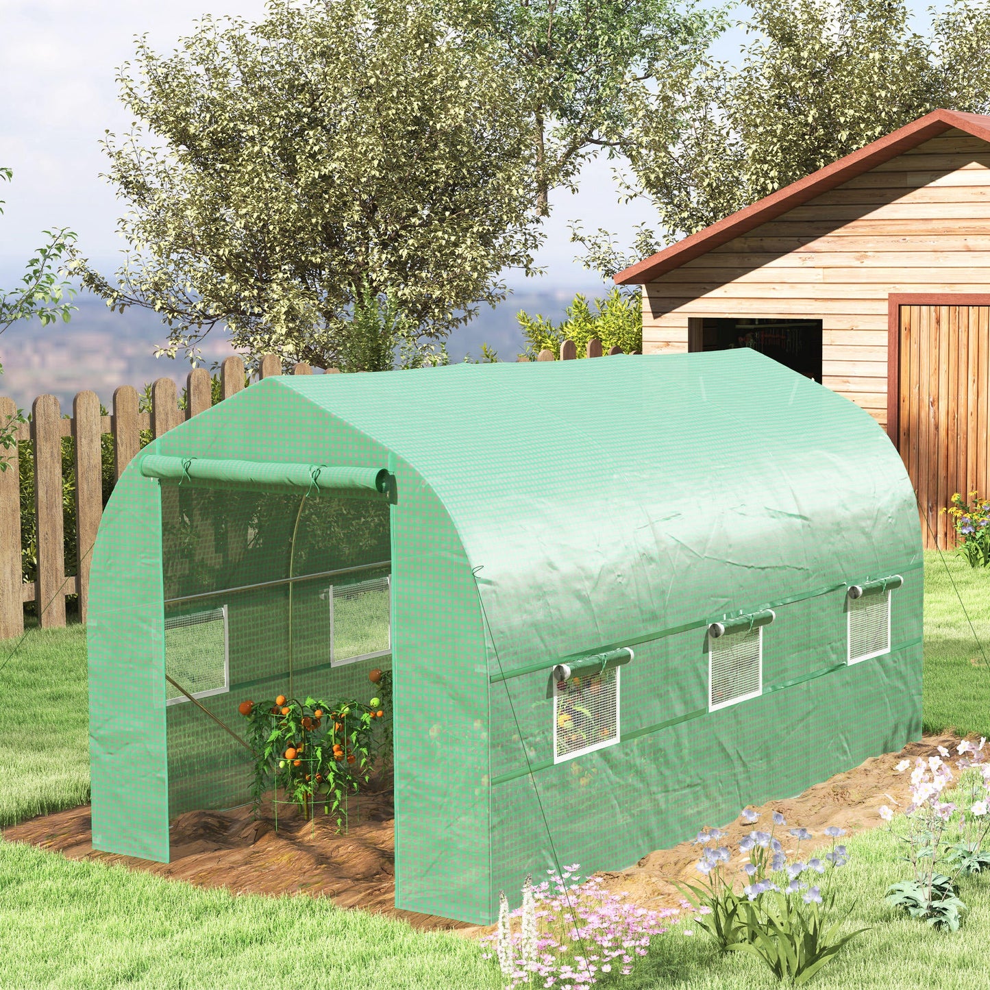 6.6' x 11' x 7' Walk-in Greenhouse Outdoor Plant Tunnel Warm Hot House w/ Roll Up Door and 6 Mesh Windows, Steel Frame, Green