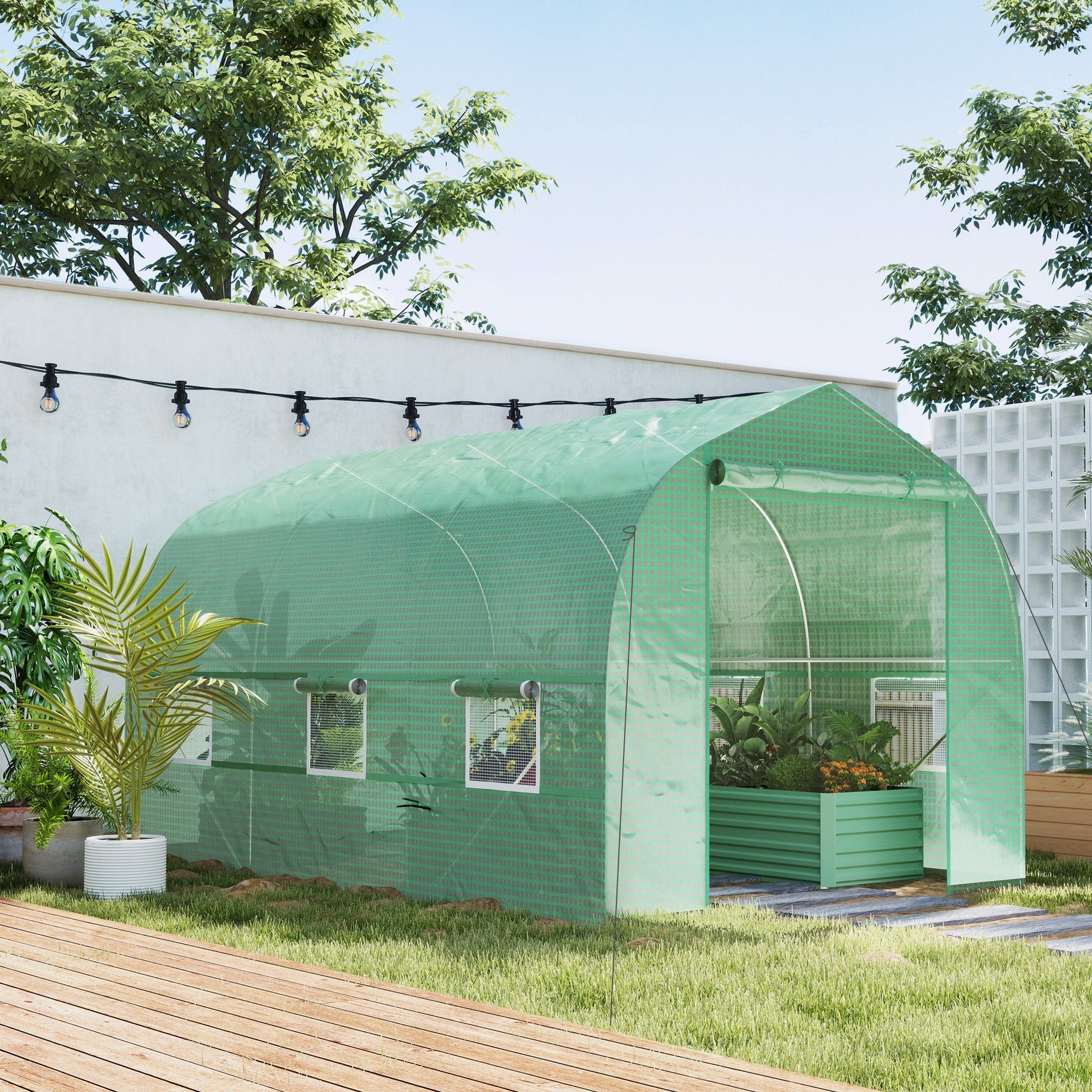 6.6' x 11' x 7' Walk-in Greenhouse Outdoor Plant Tunnel Warm Hot House w/ Roll Up Door and 6 Mesh Windows, Steel Frame, Green