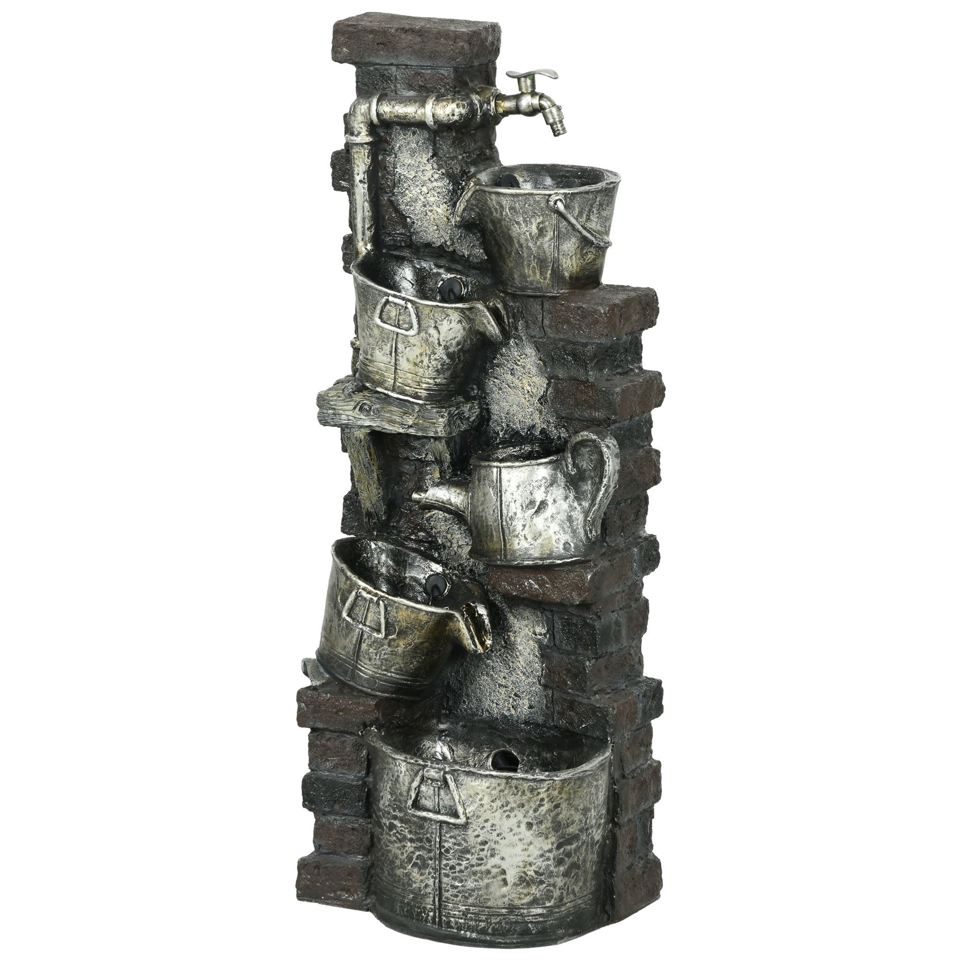 Faucet & Barrel Water Fountain, 5-Tier Cascading Waterfall Fountain with LED Lights, 39.4-inch Resin Outdoor Fountain for Zen Garden, Deck, Porch, Backyard, Bronze