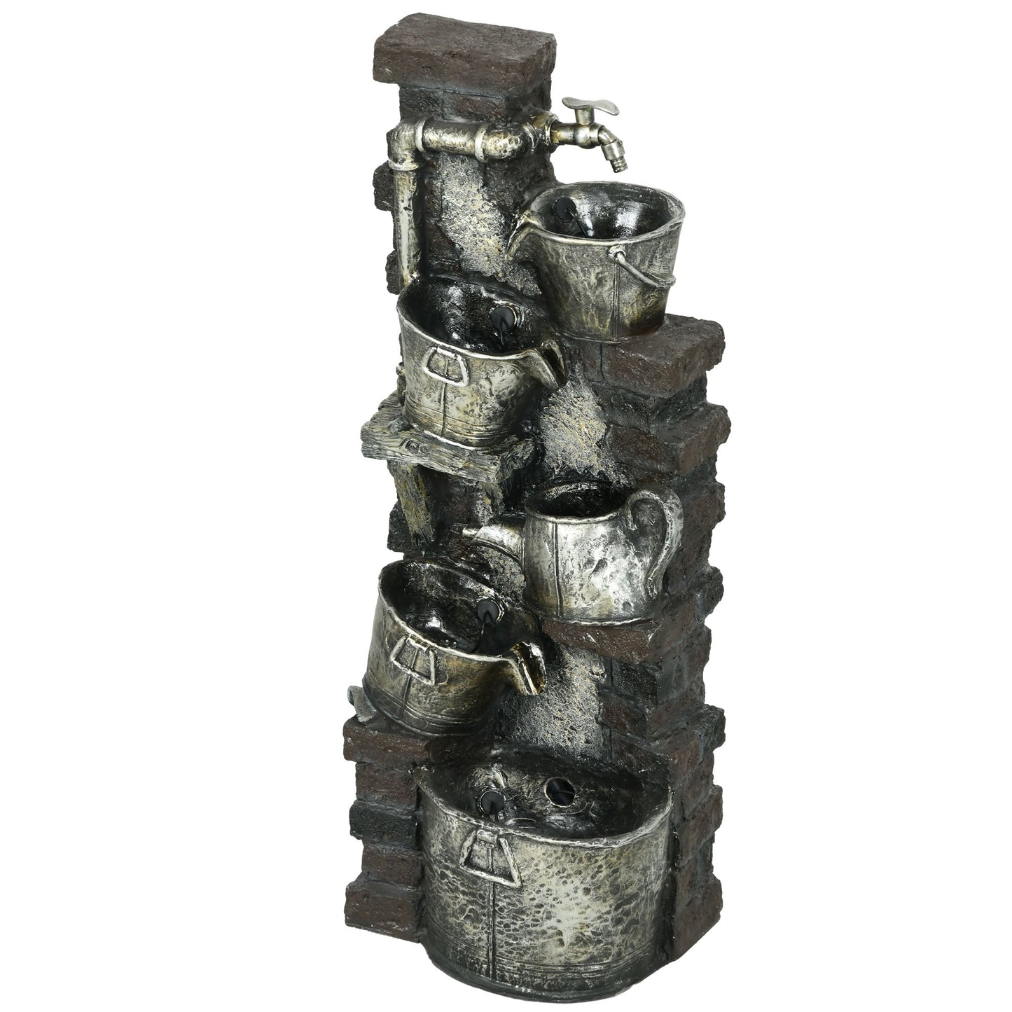 Faucet & Barrel Water Fountain, 5-Tier Cascading Waterfall Fountain with LED Lights, 39.4-inch Resin Outdoor Fountain for Zen Garden, Deck, Porch, Backyard, Bronze