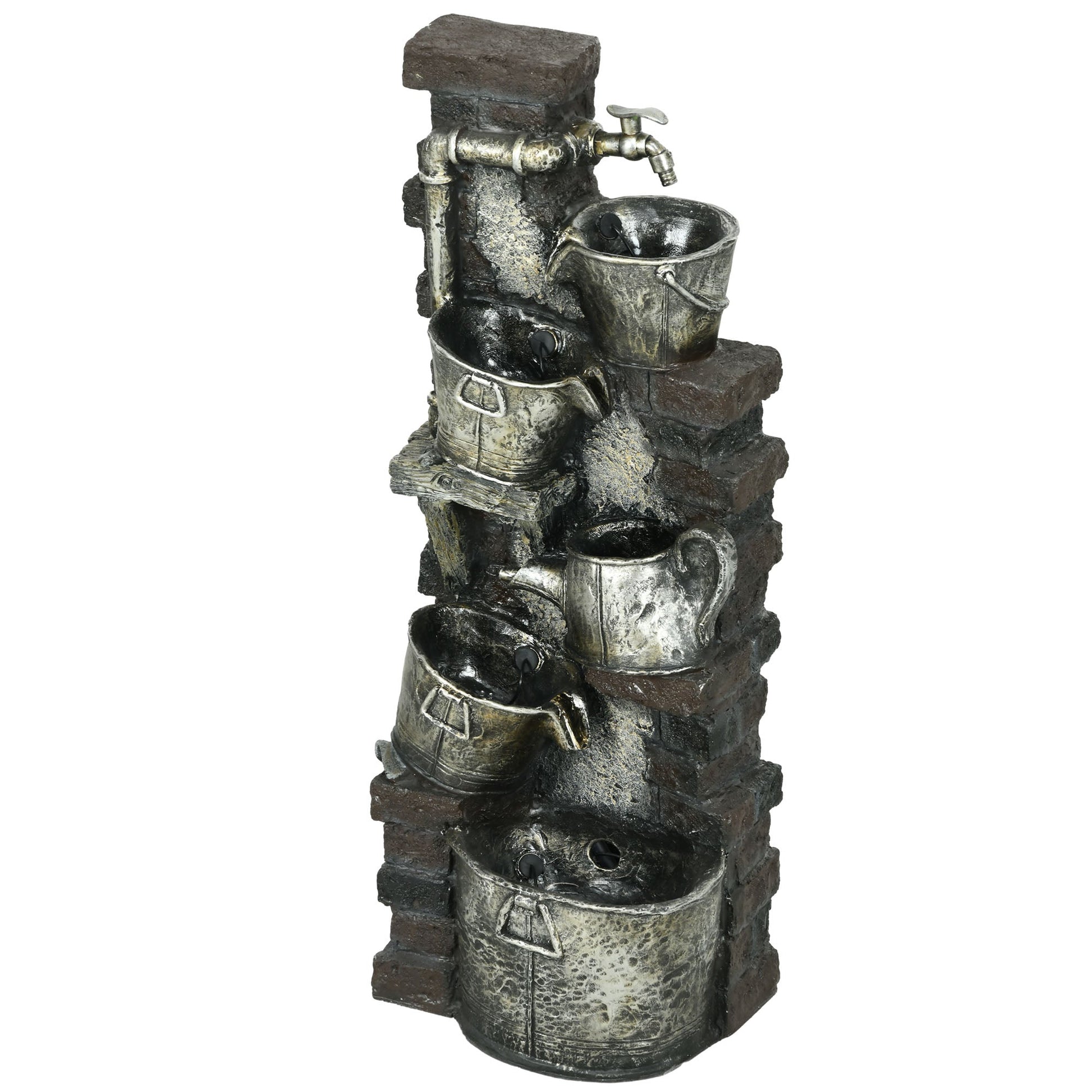 Faucet & Barrel Water Fountain, 5-Tier Cascading Waterfall Fountain with LED Lights, 39.4-inch Resin Outdoor Fountain for Zen Garden, Deck, Porch, Backyard, Bronze