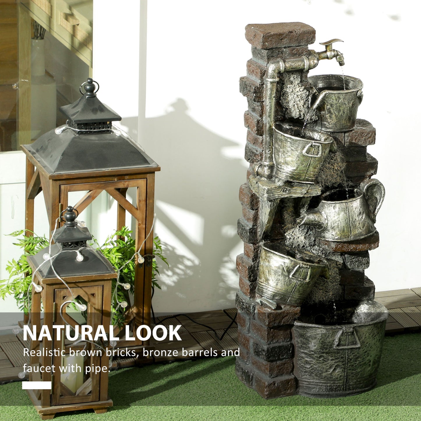 Faucet & Barrel Water Fountain, 5-Tier Cascading Waterfall Fountain with LED Lights, 39.4-inch Resin Outdoor Fountain for Zen Garden, Deck, Porch, Backyard, Bronze