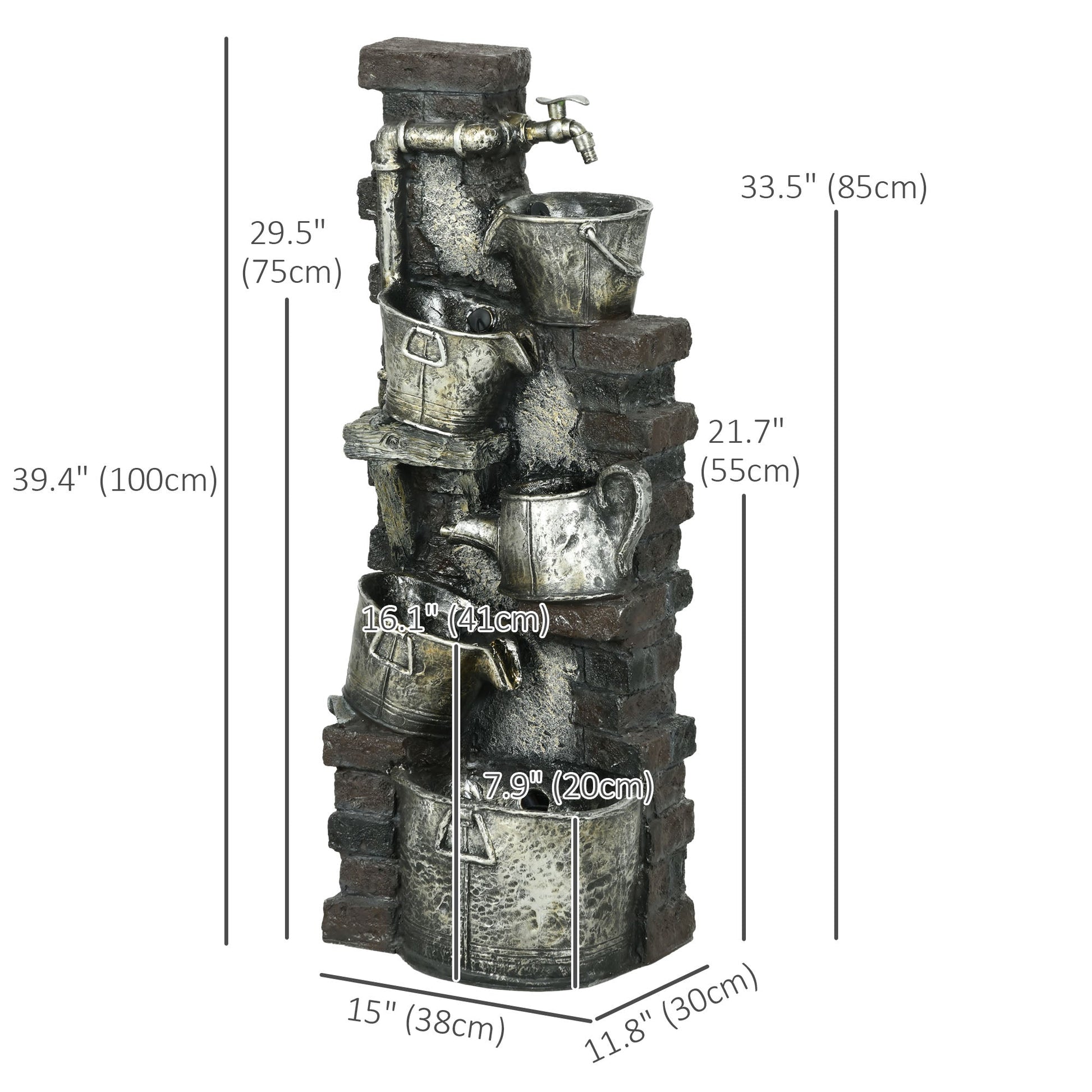 Faucet & Barrel Water Fountain, 5-Tier Cascading Waterfall Fountain with LED Lights, 39.4-inch Resin Outdoor Fountain for Zen Garden, Deck, Porch, Backyard, Bronze
