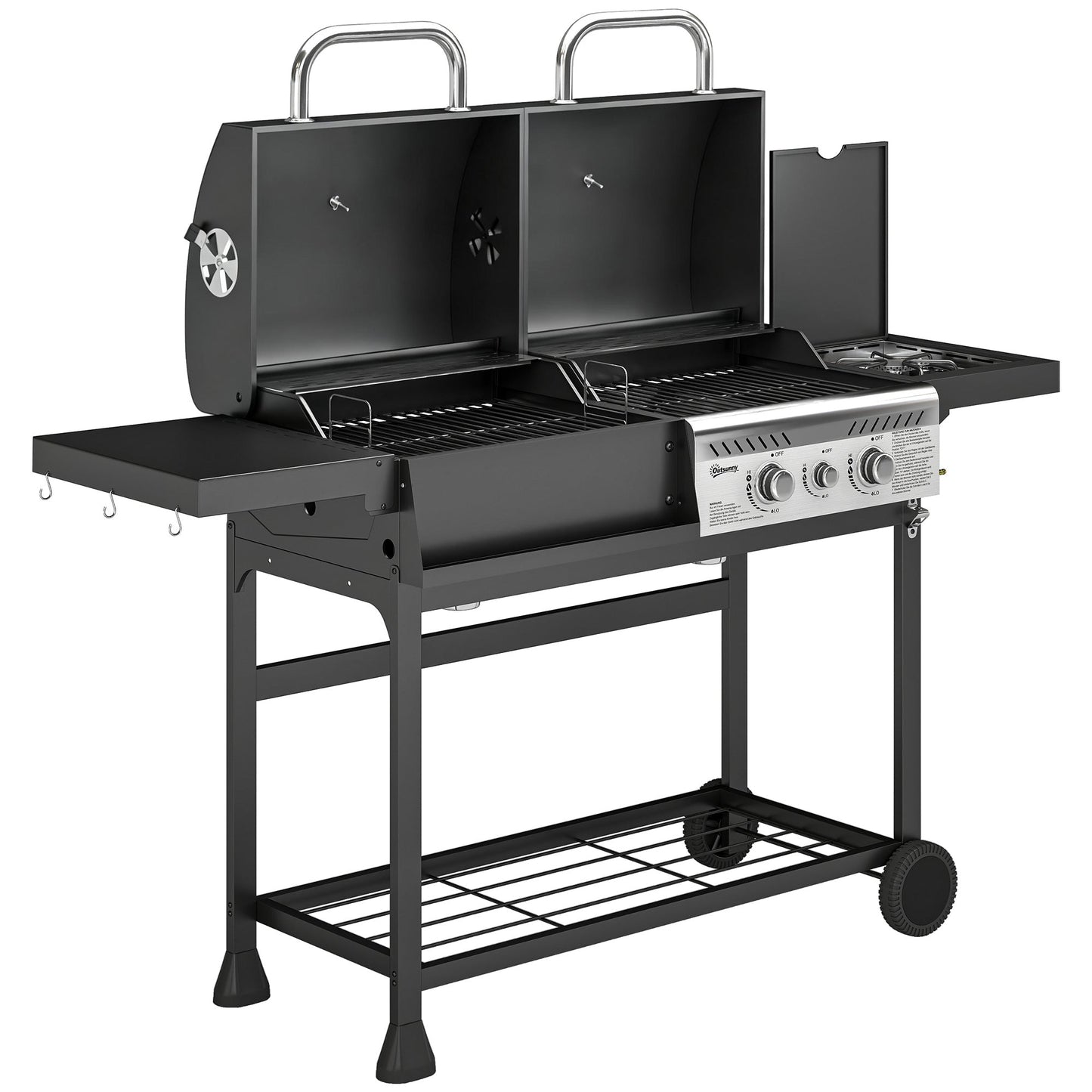 Dual Fuel BBQ Grill, Charcoal and 2+1 Gas Burner Barbecue Grill with Wheels, Warming Rack, Shelves, Thermometer, Bottle Opener, Outdoor Barbeque for Backyard Patio, Black