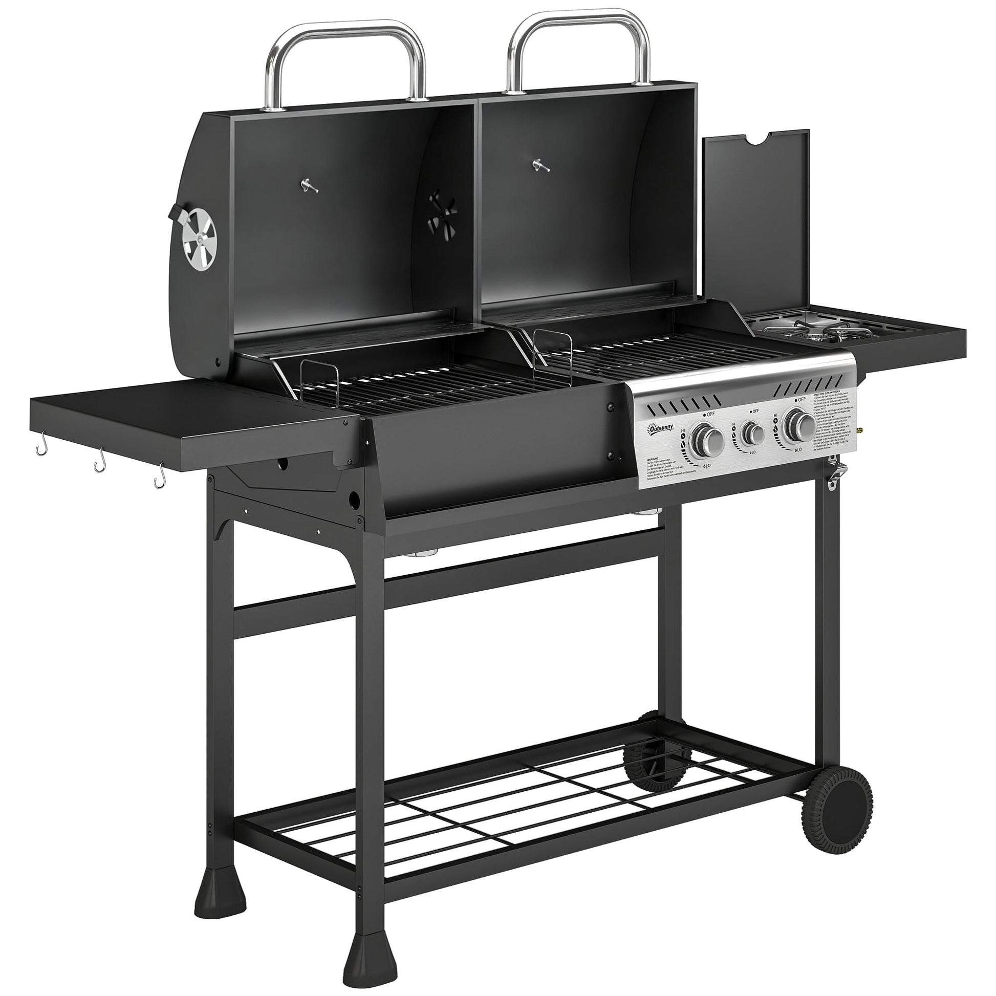 Dual Fuel BBQ Grill, Charcoal and 2+1 Gas Burner Barbecue Grill with Wheels, Warming Rack, Shelves, Thermometer, Bottle Opener, Outdoor Barbeque for Backyard Patio, Black