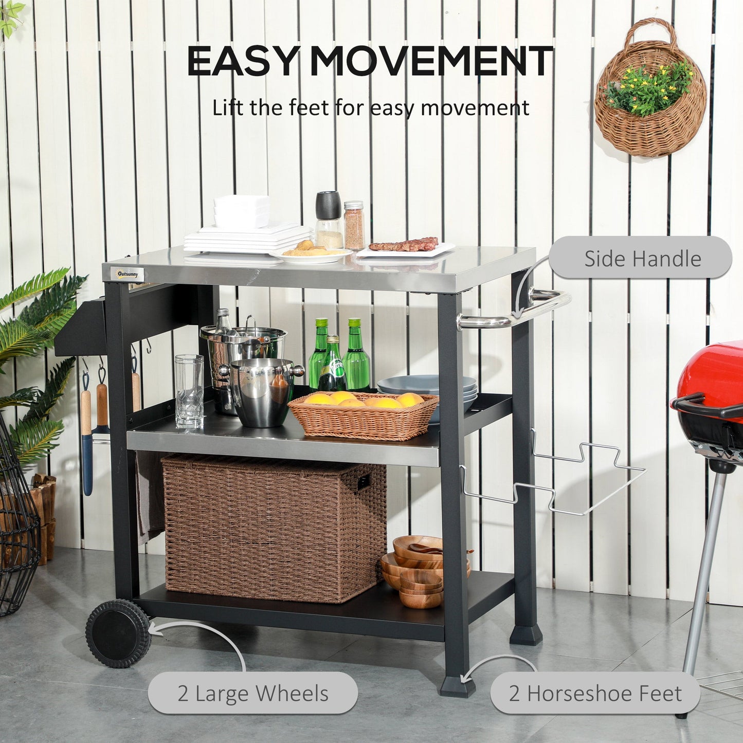 3 Shelf Outdoor Grill Cart with Stainless Steel Tabletop, Side Handle, 32" x 20.5" Multifunctional Pizza Oven Stand, Movable Food Prep Table on Wheels, Black