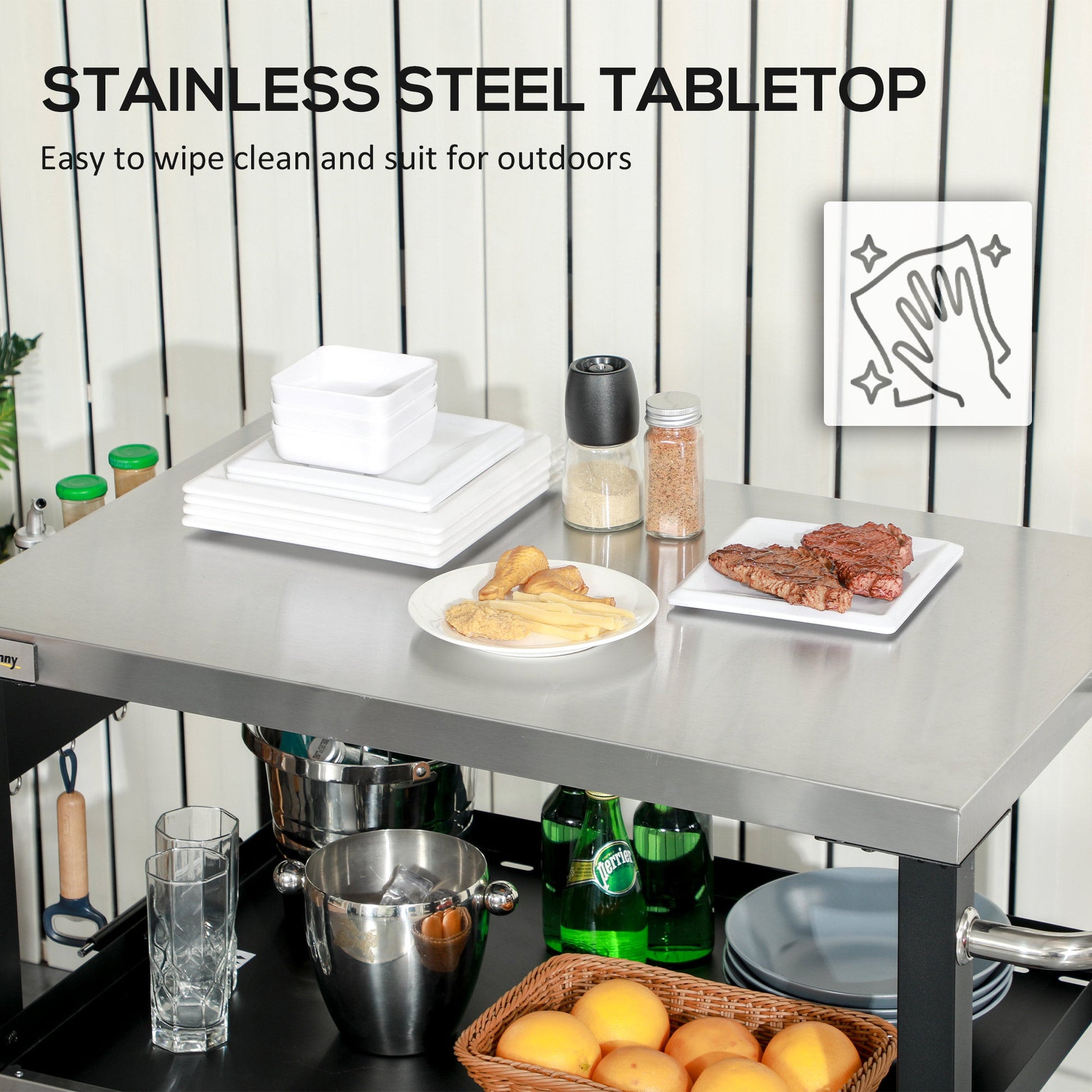 3 Shelf Outdoor Grill Cart with Stainless Steel Tabletop, Side Handle, 32" x 20.5" Multifunctional Pizza Oven Stand, Movable Food Prep Table on Wheels, Black