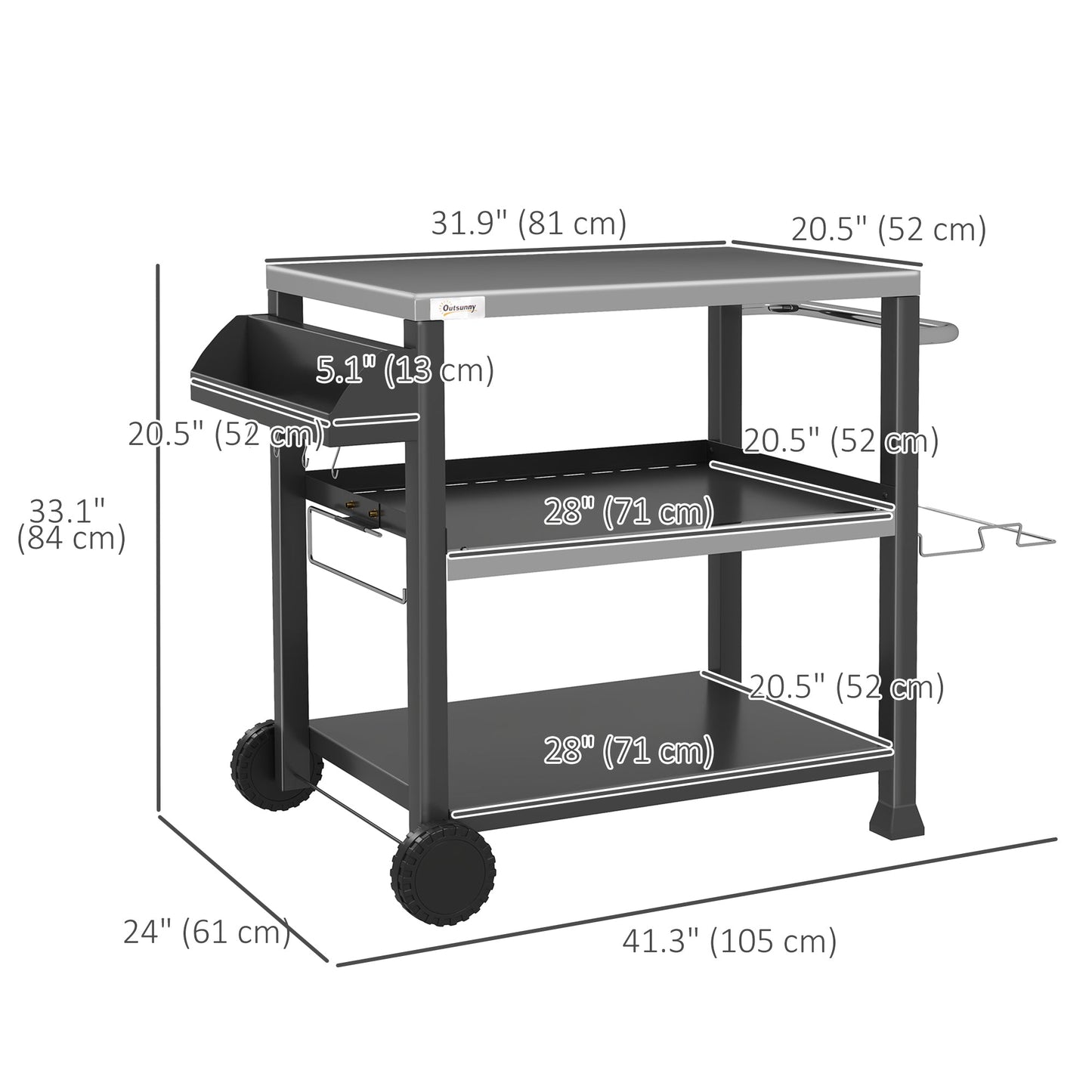 3 Shelf Outdoor Grill Cart with Stainless Steel Tabletop, Side Handle, 32" x 20.5" Multifunctional Pizza Oven Stand, Movable Food Prep Table on Wheels, Black
