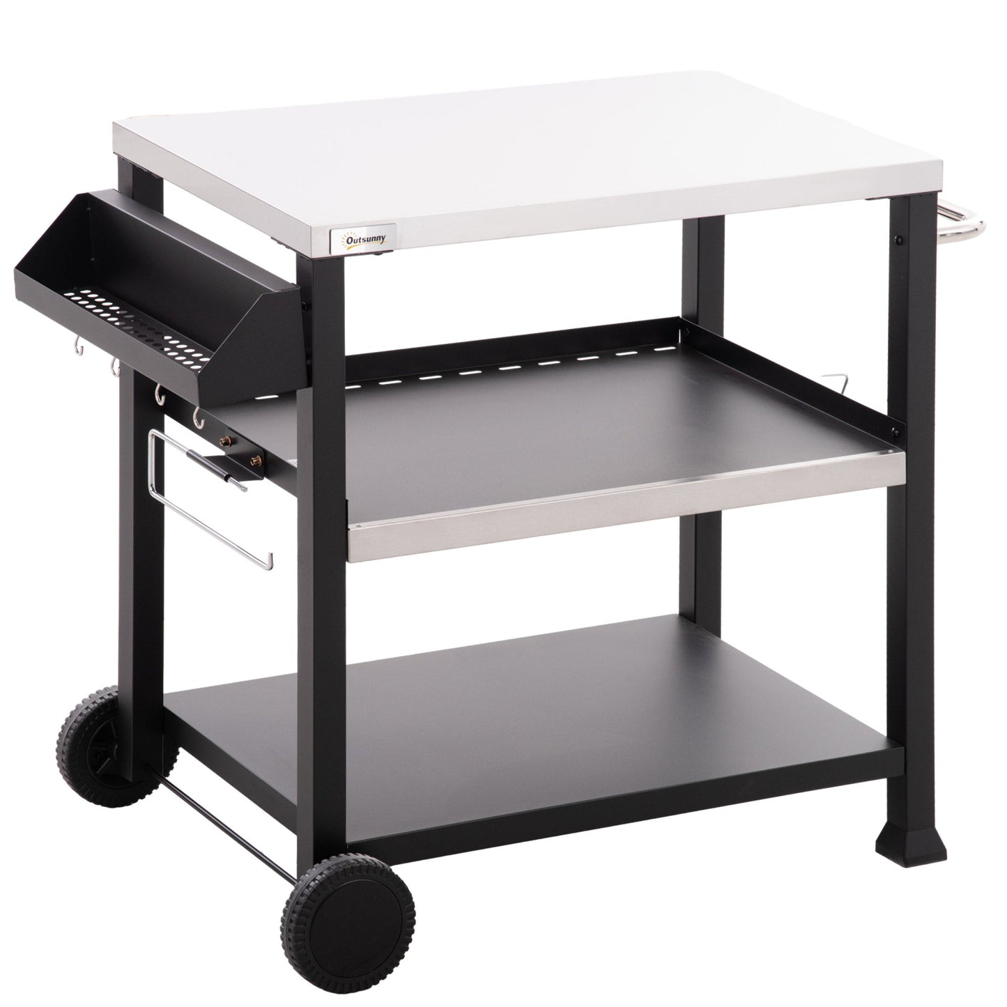 3 Shelf Outdoor Grill Cart with Stainless Steel Tabletop, Side Handle, 32" x 20.5" Multifunctional Pizza Oven Stand, Movable Food Prep Table on Wheels, Black