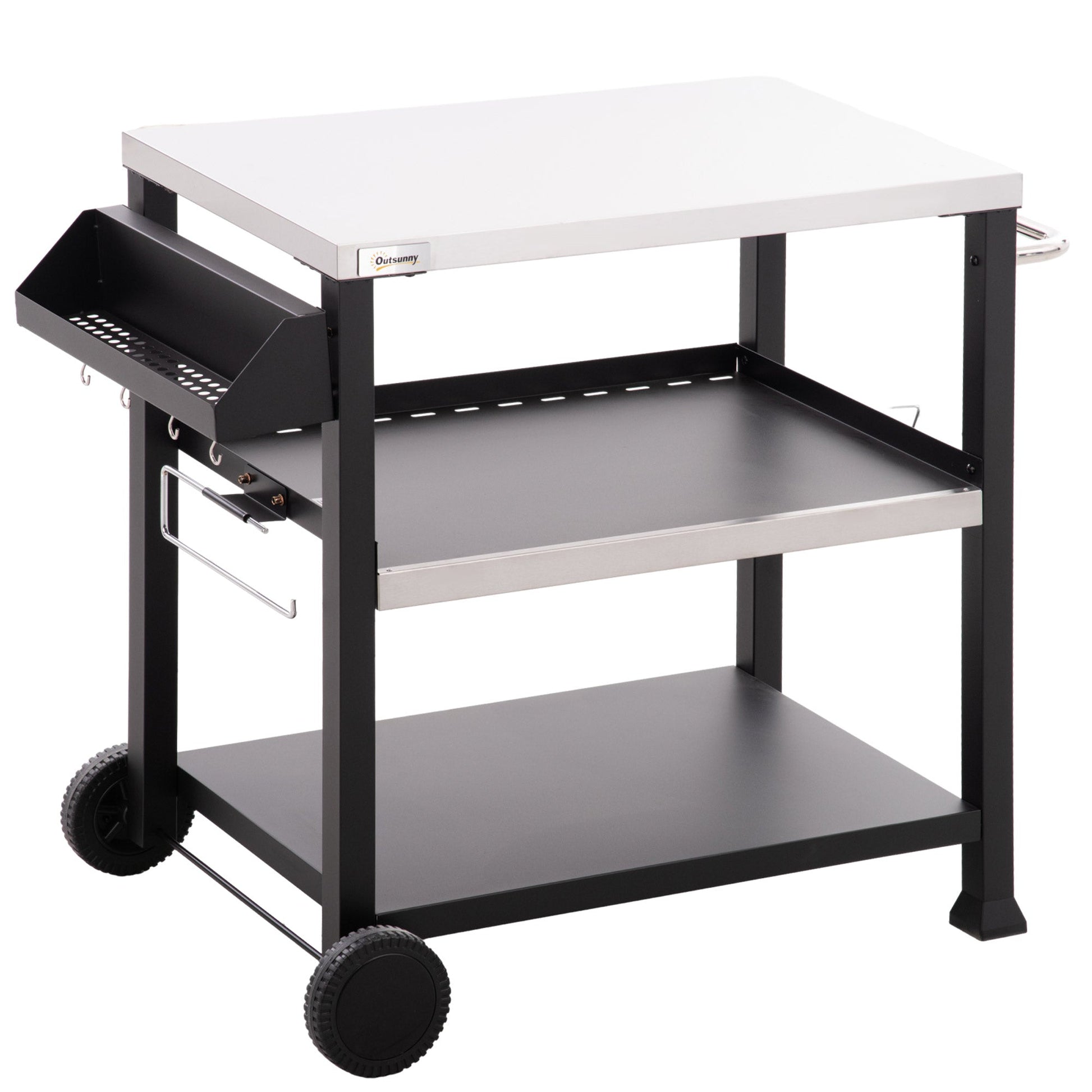 3 Shelf Outdoor Grill Cart with Stainless Steel Tabletop, Side Handle, 32" x 20.5" Multifunctional Pizza Oven Stand, Movable Food Prep Table on Wheels, Black