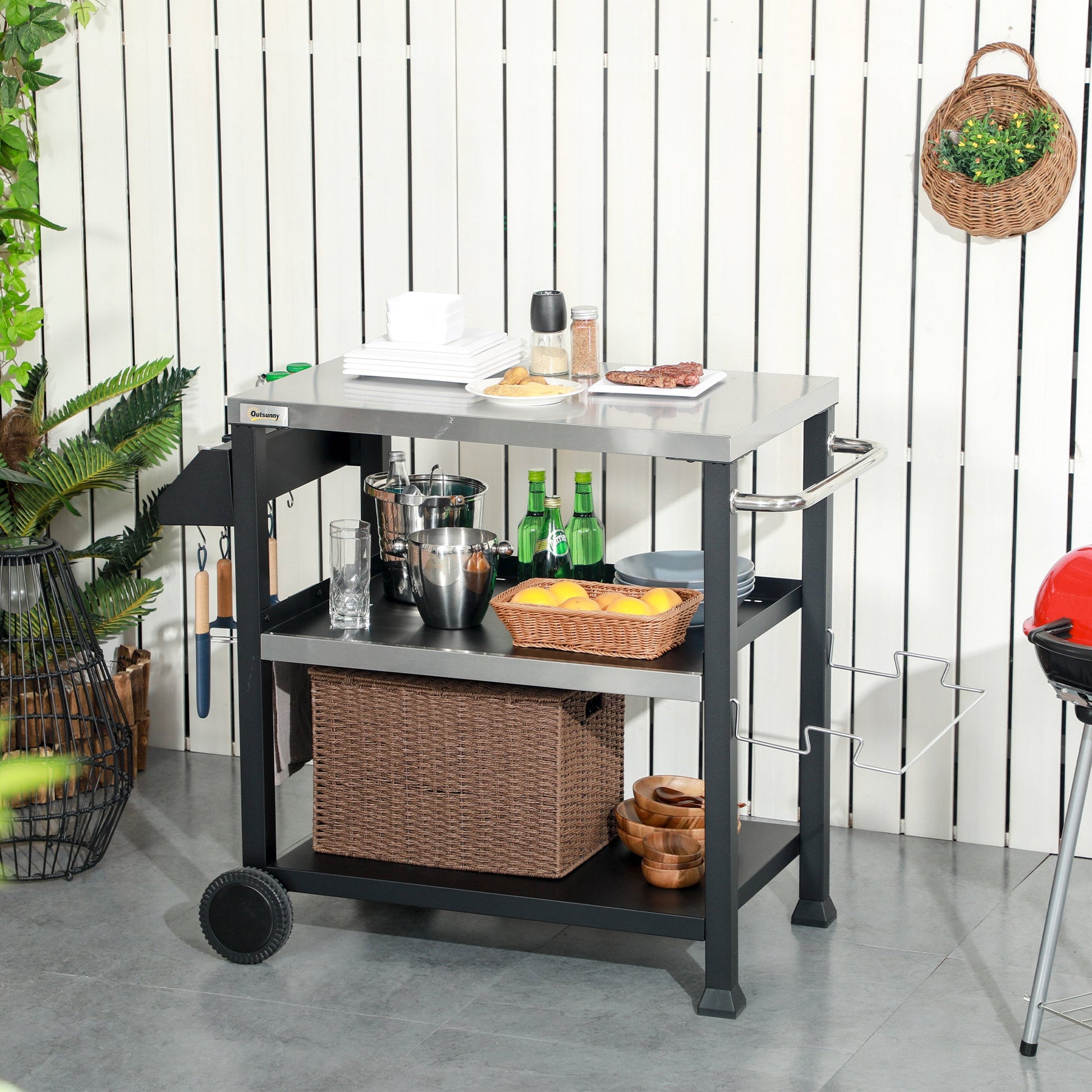 3 Shelf Outdoor Grill Cart with Stainless Steel Tabletop, Side Handle, 32" x 20.5" Multifunctional Pizza Oven Stand, Movable Food Prep Table on Wheels, Black