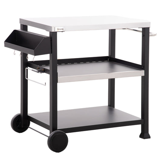 3 Shelf Outdoor Grill Cart with Stainless Steel Tabletop, Side Handle, 32" x 20.5" Multifunctional Pizza Oven Stand, Movable Food Prep Table on Wheels, Black