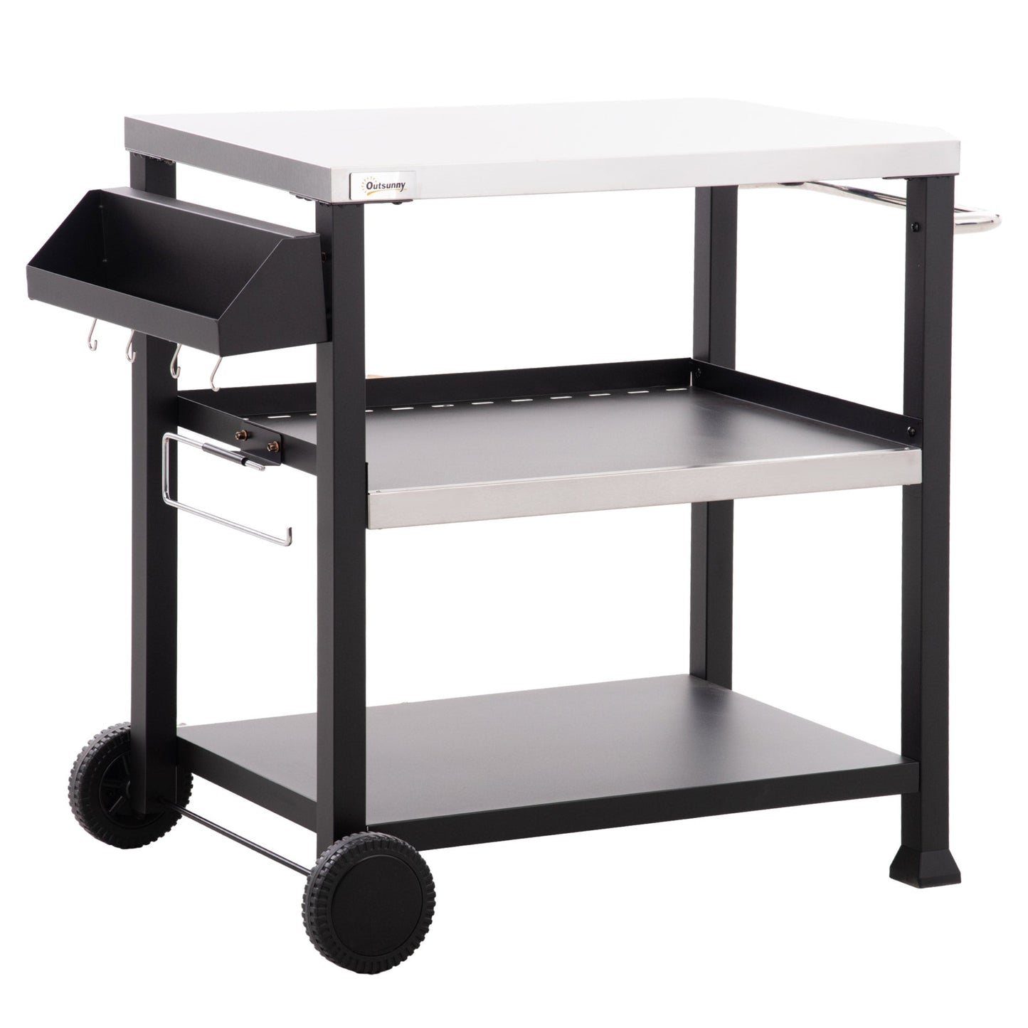 3 Shelf Outdoor Grill Cart with Stainless Steel Tabletop, Side Handle, 32" x 20.5" Multifunctional Pizza Oven Stand, Movable Food Prep Table on Wheels, Black