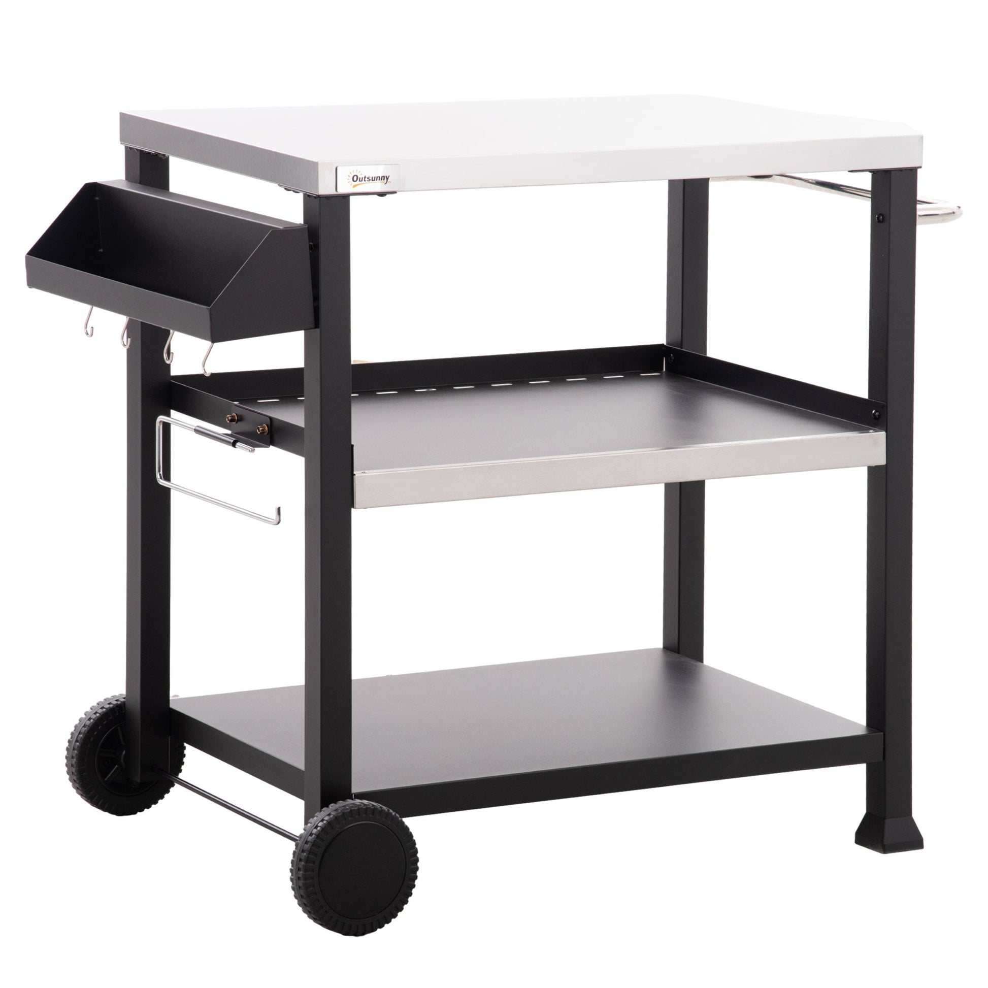3 Shelf Outdoor Grill Cart with Stainless Steel Tabletop, Side Handle, 32" x 20.5" Multifunctional Pizza Oven Stand, Movable Food Prep Table on Wheels, Black