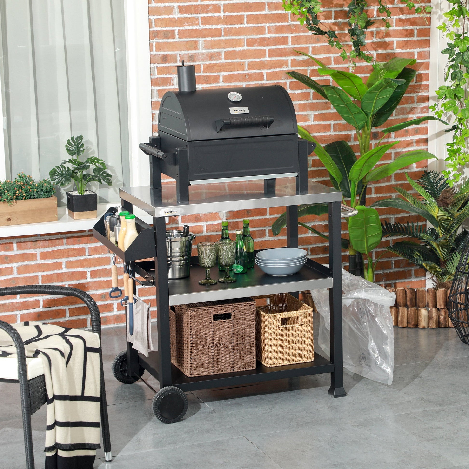 3 Shelf Outdoor Grill Cart with Stainless Steel Tabletop, Side Handle, 32" x 20.5" Multifunctional Pizza Oven Stand, Movable Food Prep Table on Wheels, Black