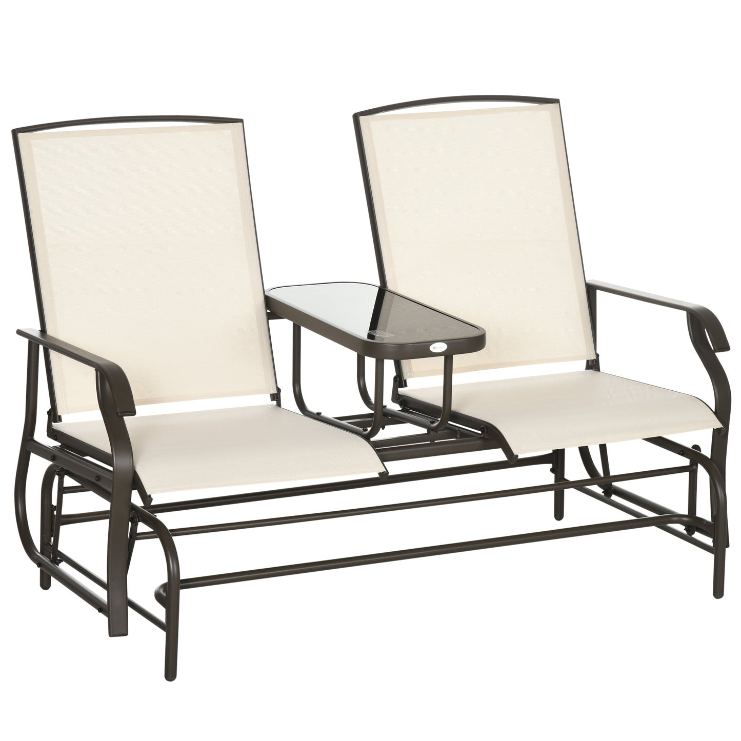 Outdoor Glider Bench with Table, Patio Loveseat for 2 Persons, Garden Glider Rocking Chair with Breathable Mesh Fabric, Beige