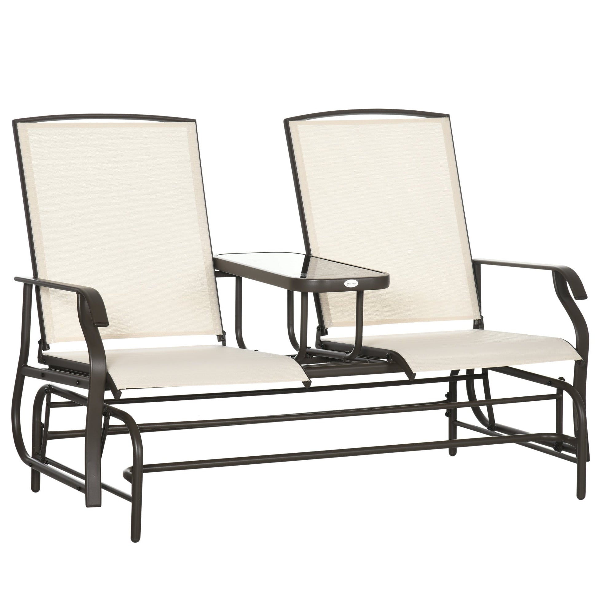 Outdoor Glider Bench with Table, Patio Loveseat for 2 Persons, Garden Glider Rocking Chair with Breathable Mesh Fabric, Beige