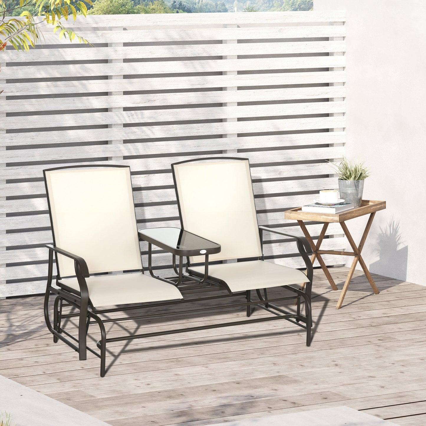 Outdoor Glider Bench with Table, Patio Loveseat for 2 Persons, Garden Glider Rocking Chair with Breathable Mesh Fabric, Beige