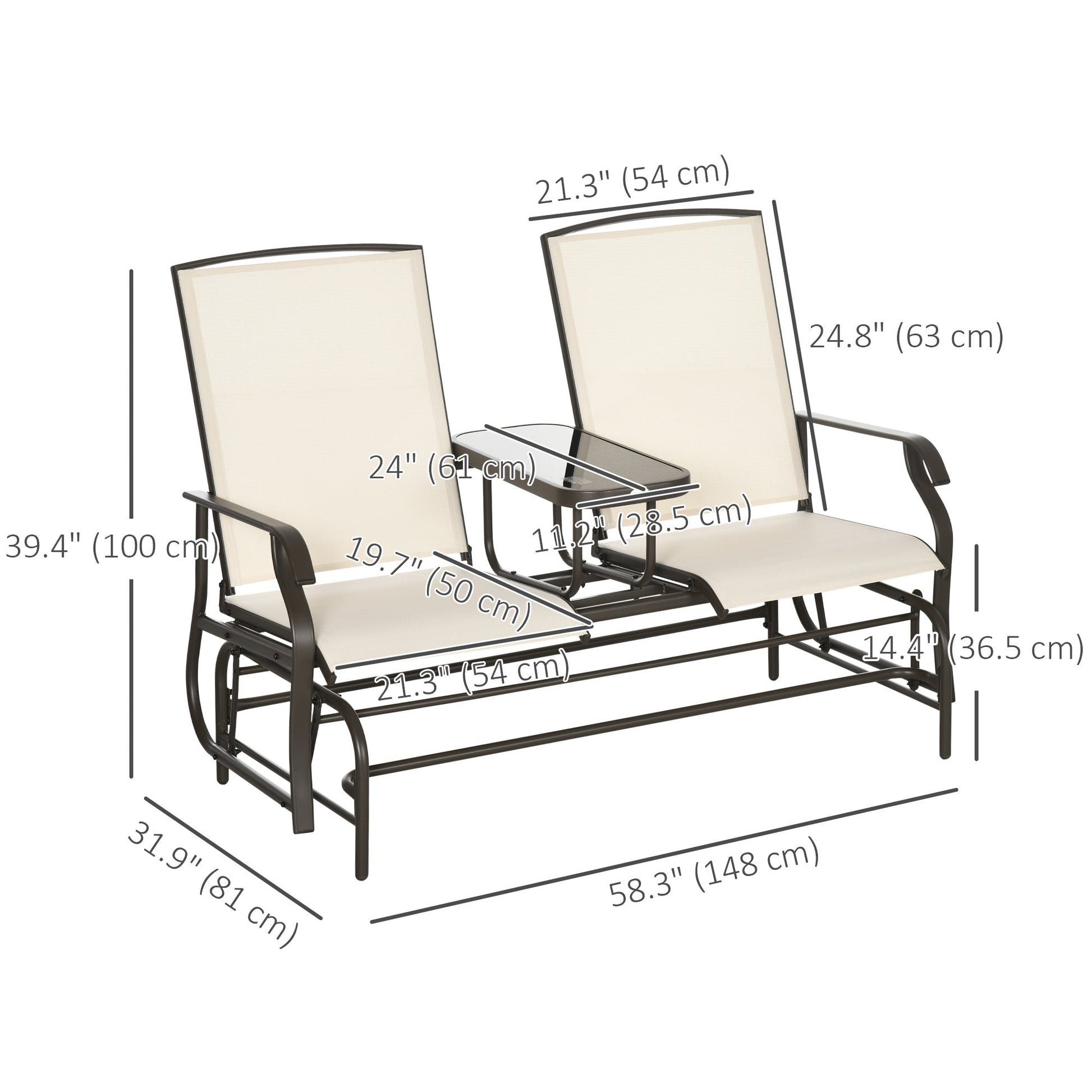 Outdoor Glider Bench with Table, Patio Loveseat for 2 Persons, Garden Glider Rocking Chair with Breathable Mesh Fabric, Beige