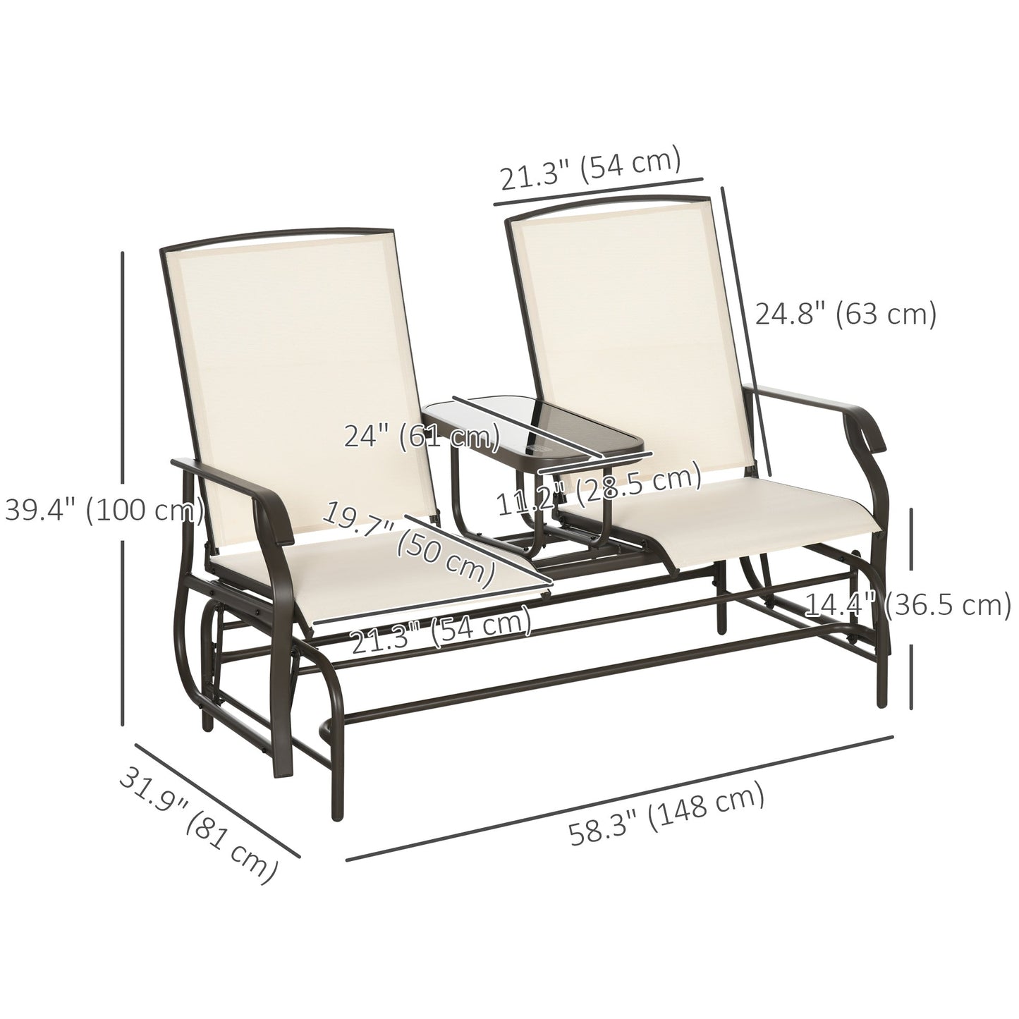 Outdoor Glider Bench with Table, Patio Loveseat for 2 Persons, Garden Glider Rocking Chair with Breathable Mesh Fabric, Beige